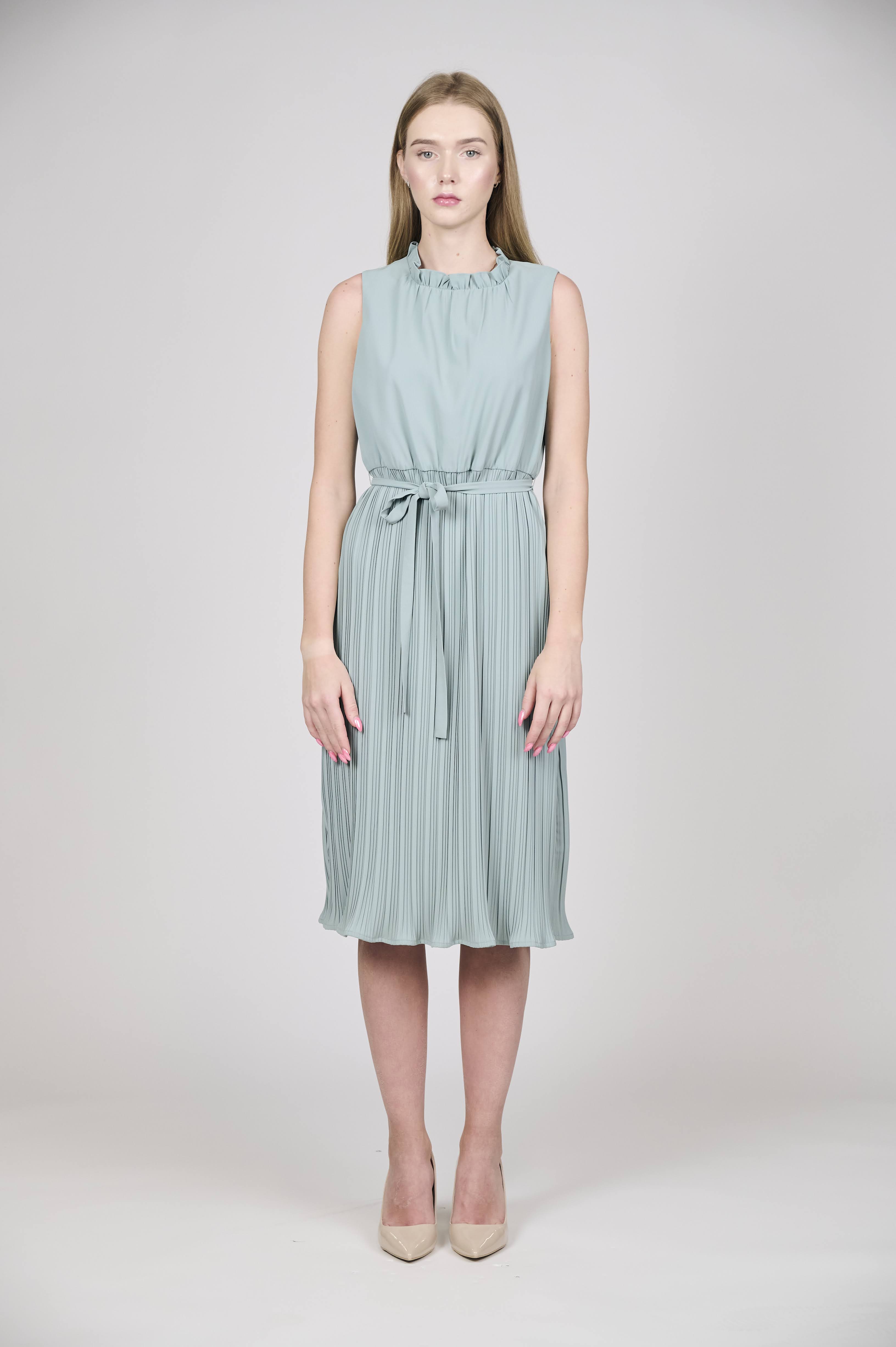 Women's Sleeveless Pleated Midi Dress with Tie Waist