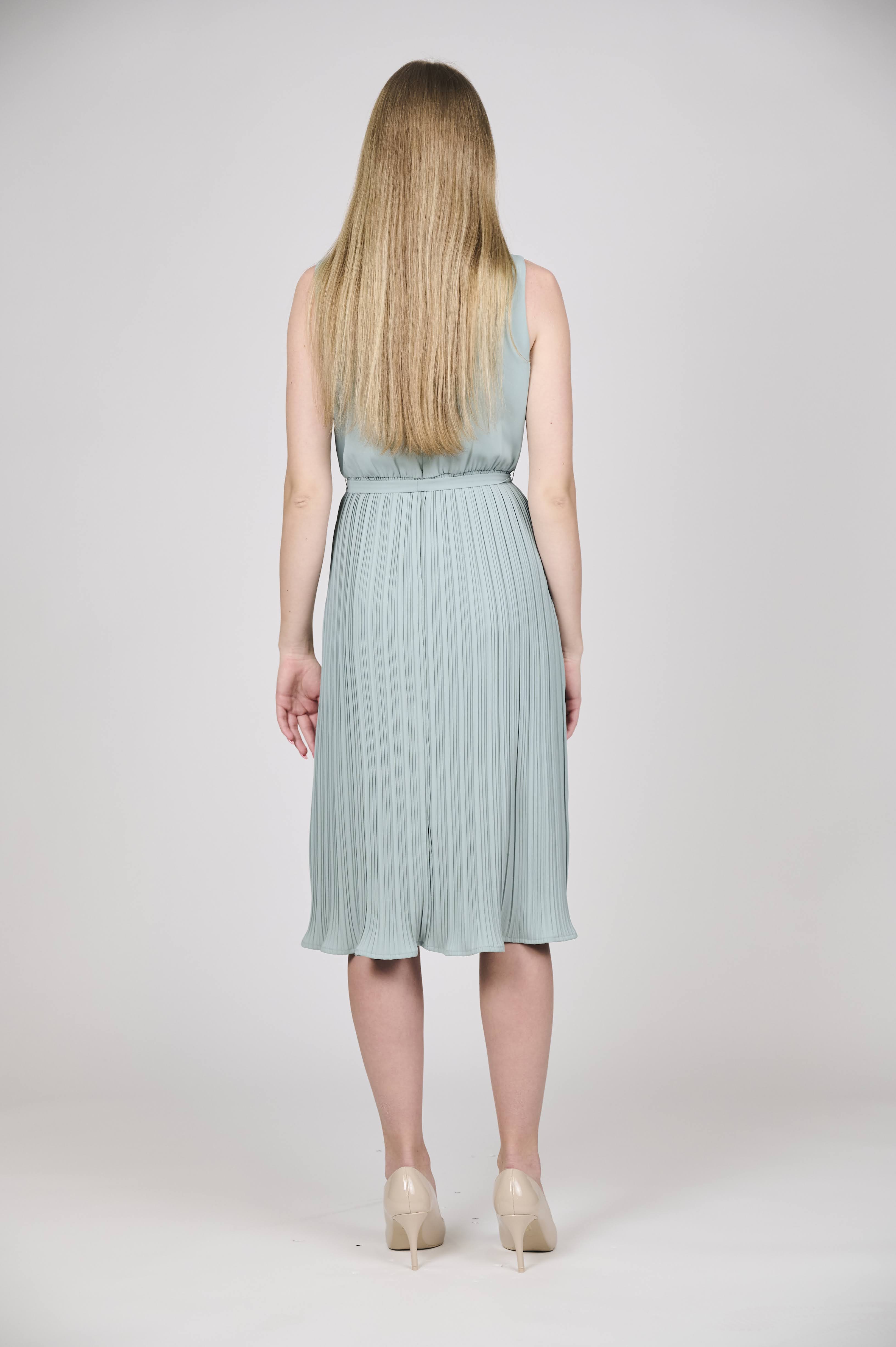 Women's Sleeveless Pleated Midi Dress with Tie Waist