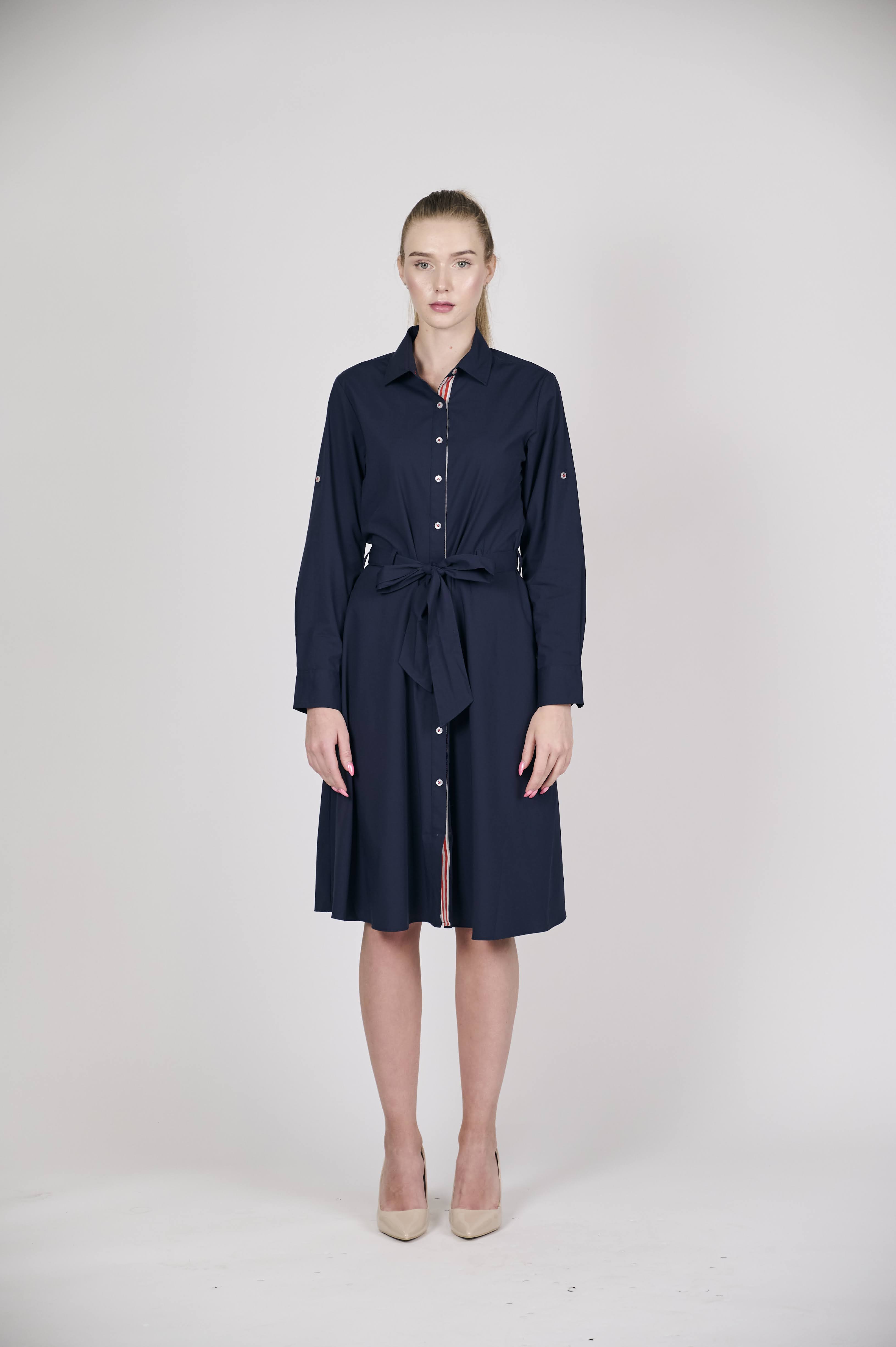 Navy Long-Sleeve Shirt Dress with Waist Tie