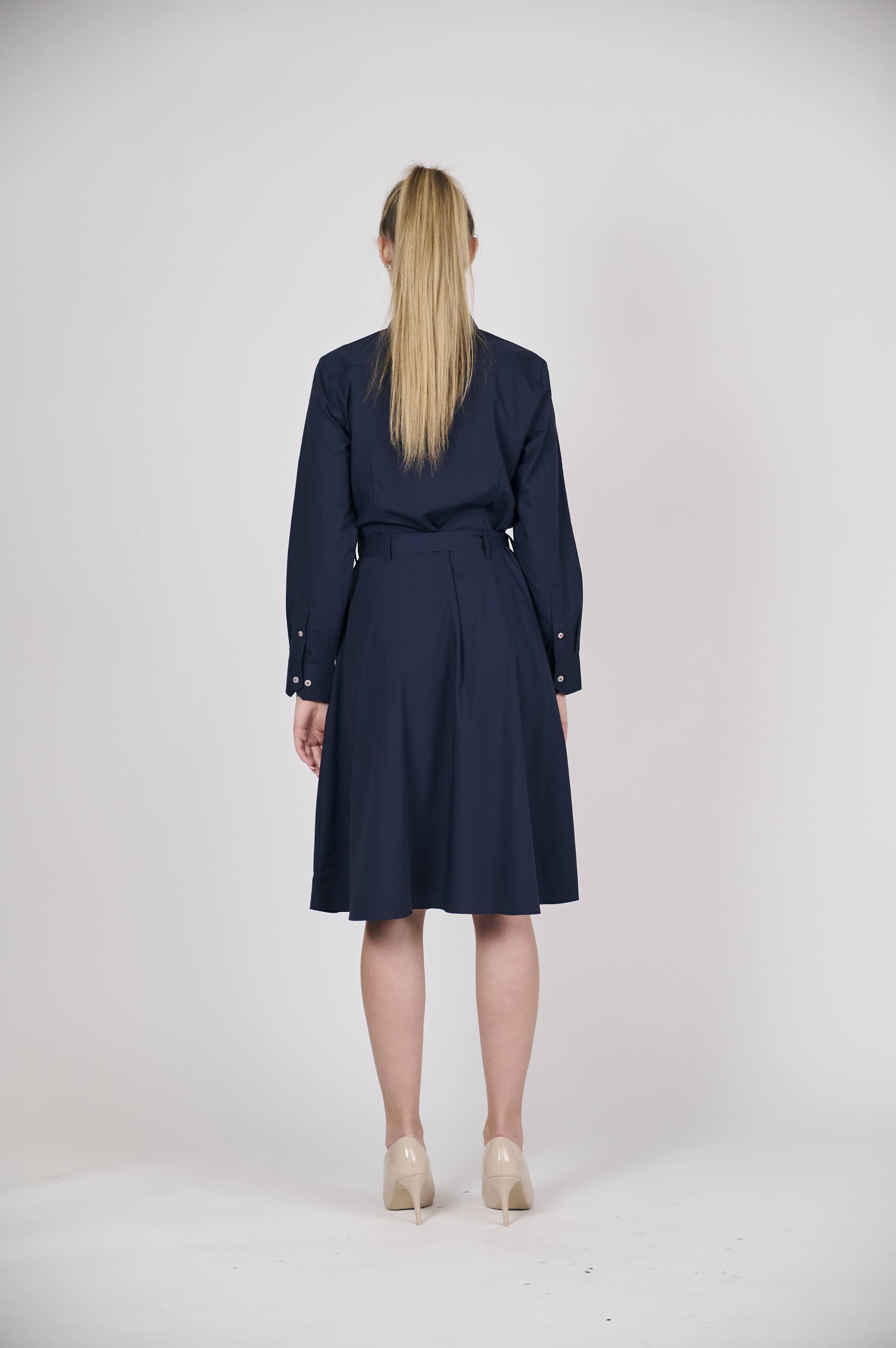 Navy Long-Sleeve Shirt Dress with Waist Tie