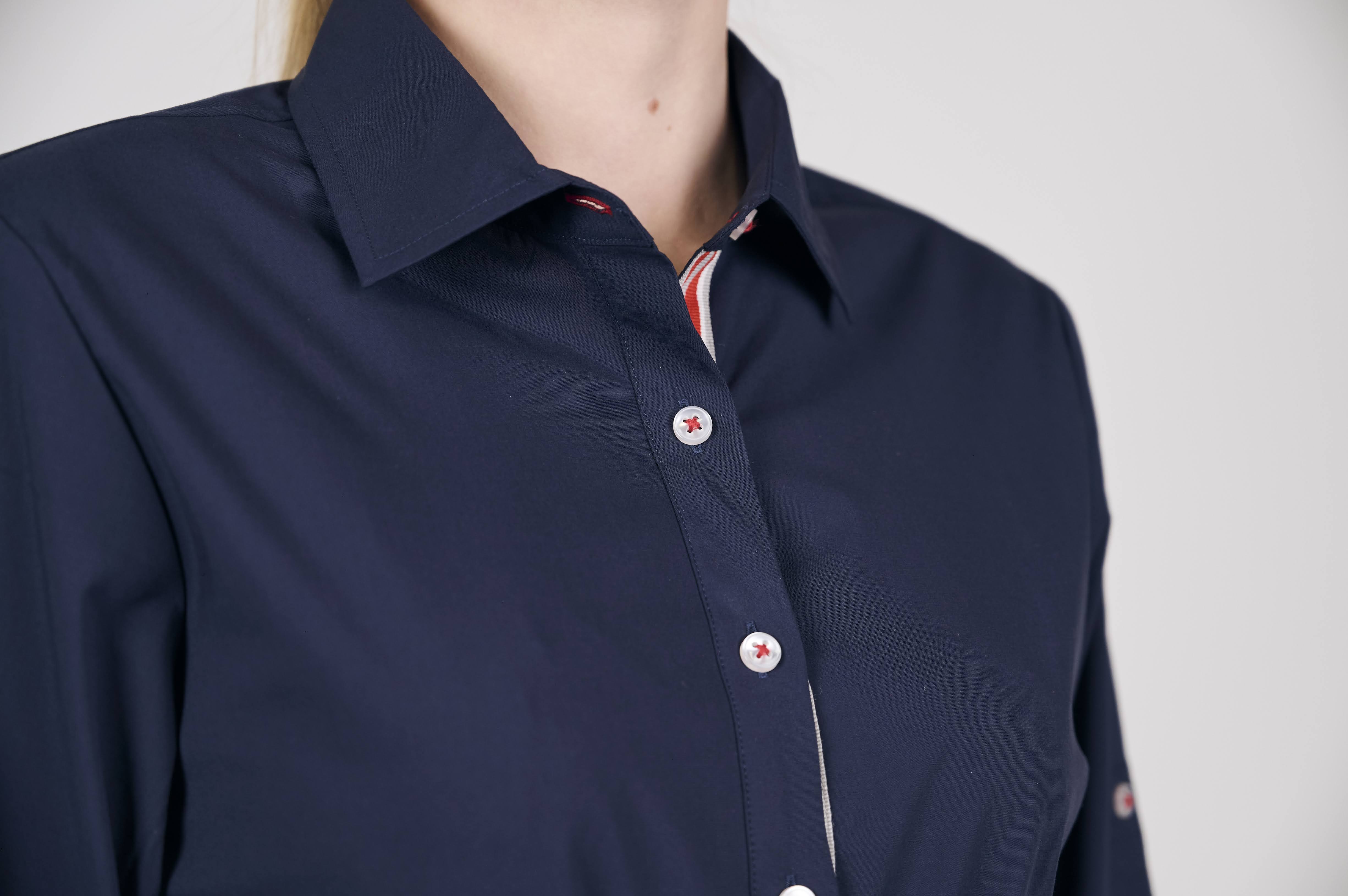 Navy Long-Sleeve Shirt Dress with Waist Tie