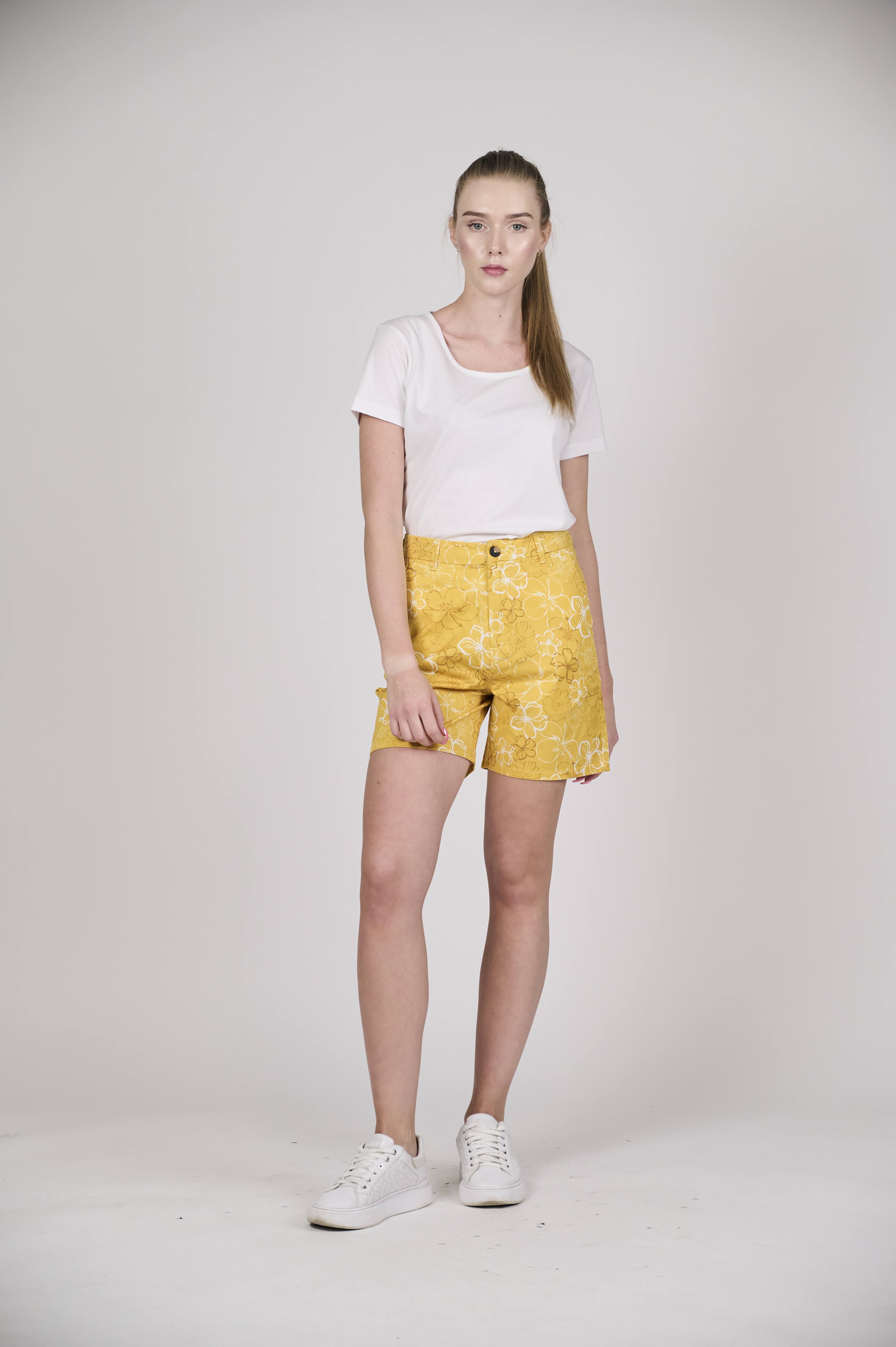 Vibrant Floral Print Shorts in Mustard Yellow