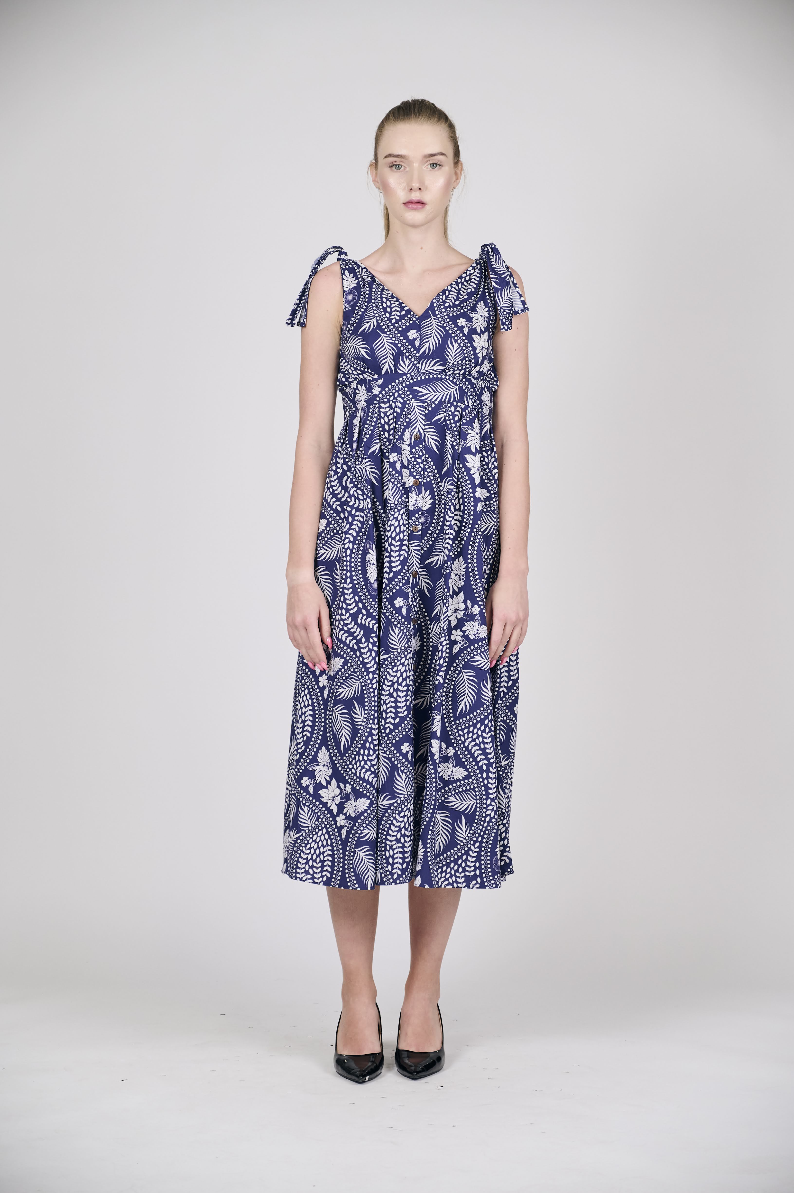 Printed V-Neck Midi Dress with Tie-Shoulders