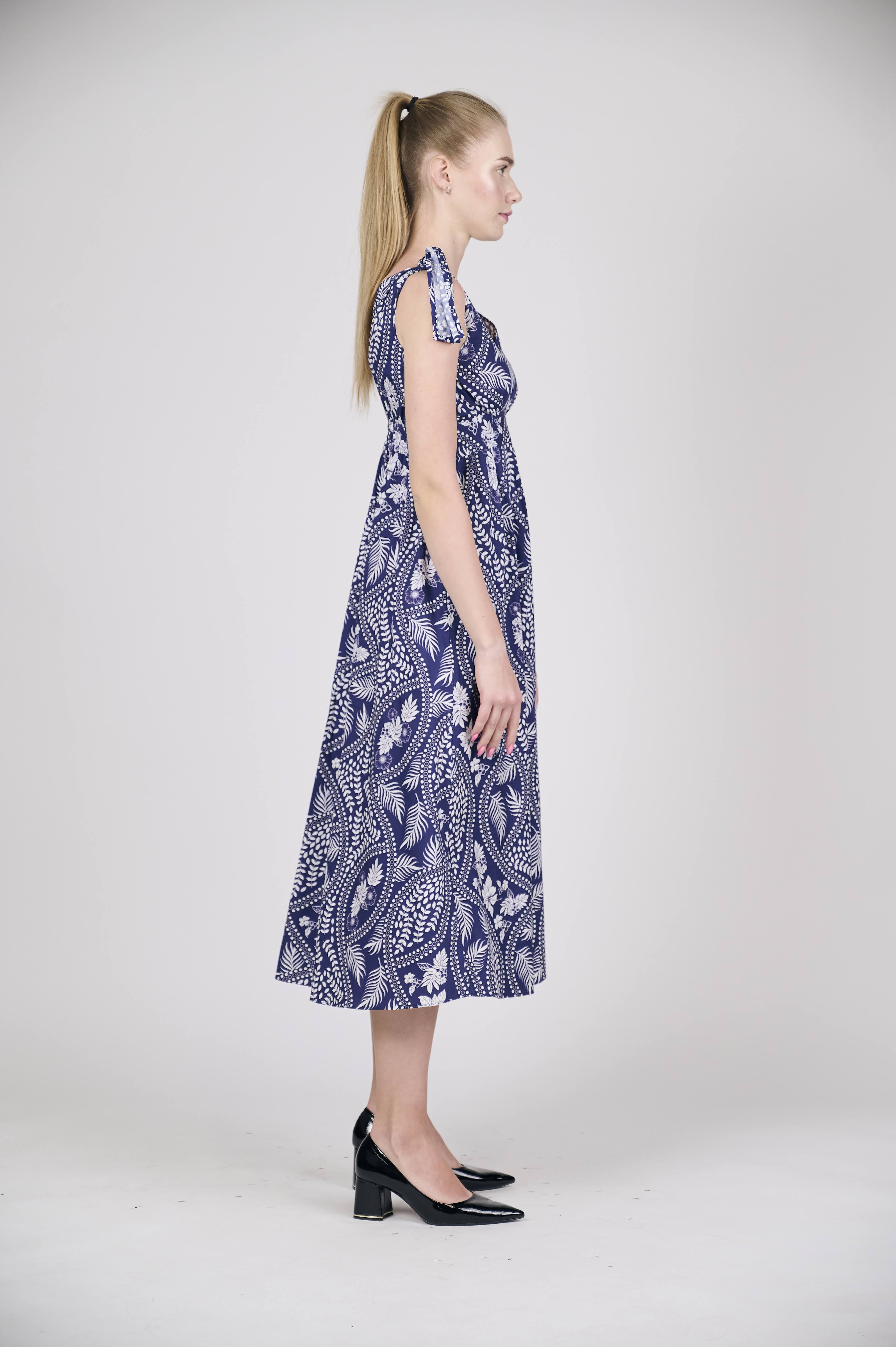 Printed V-Neck Midi Dress with Tie-Shoulders