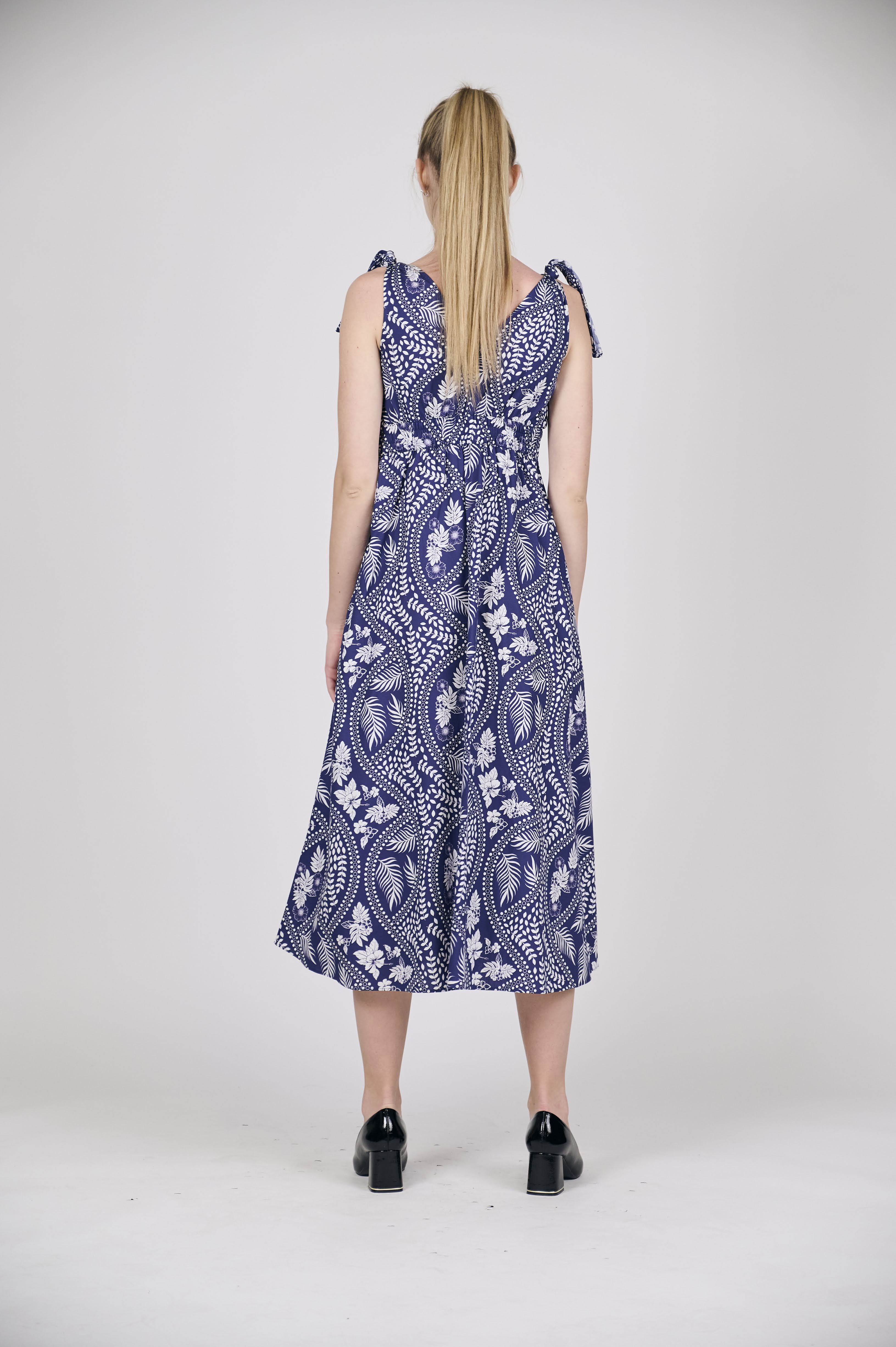 Printed V-Neck Midi Dress with Tie-Shoulders