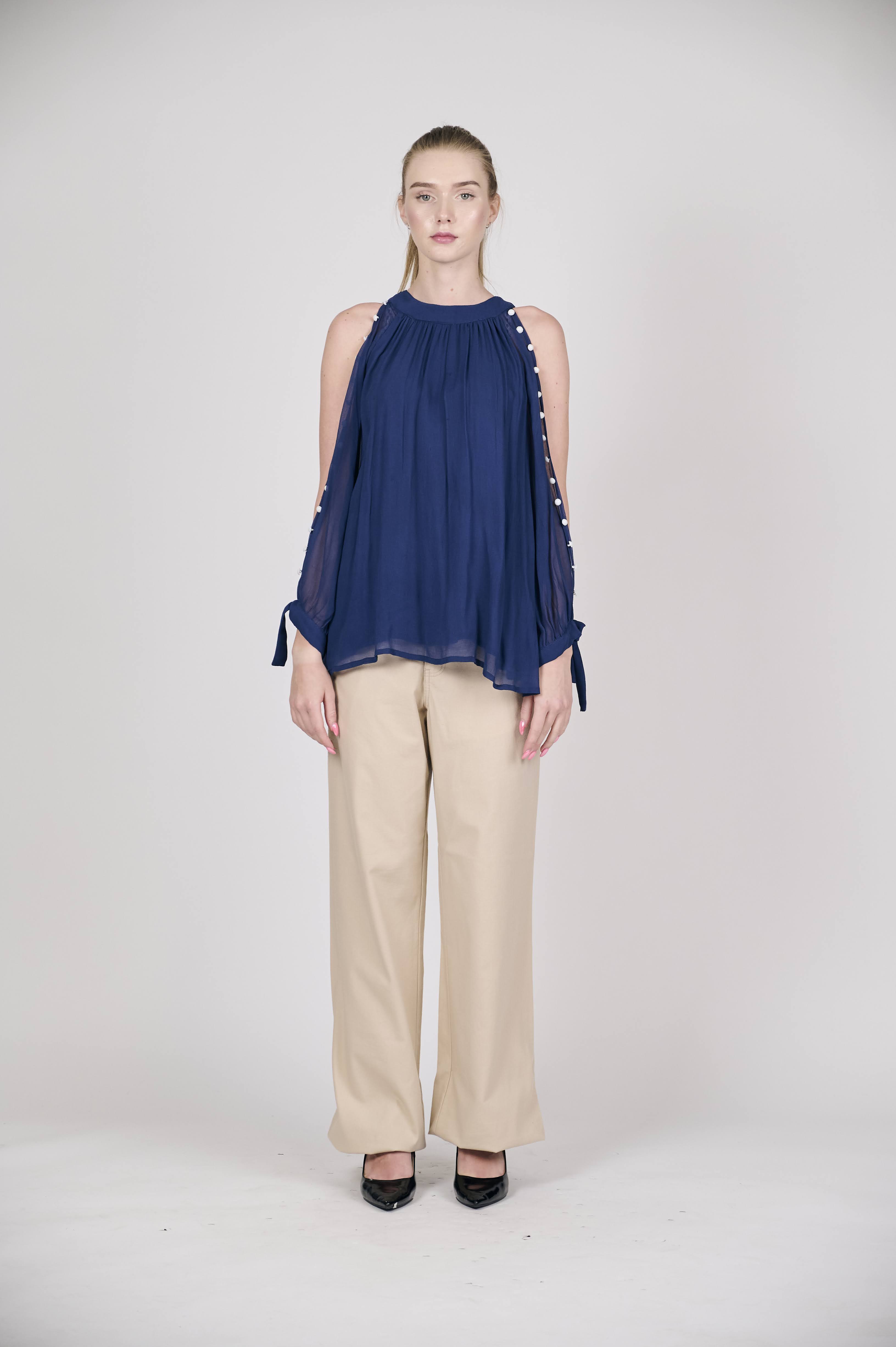 Elegant Navy Sleeveless Blouse with Side Button Detail