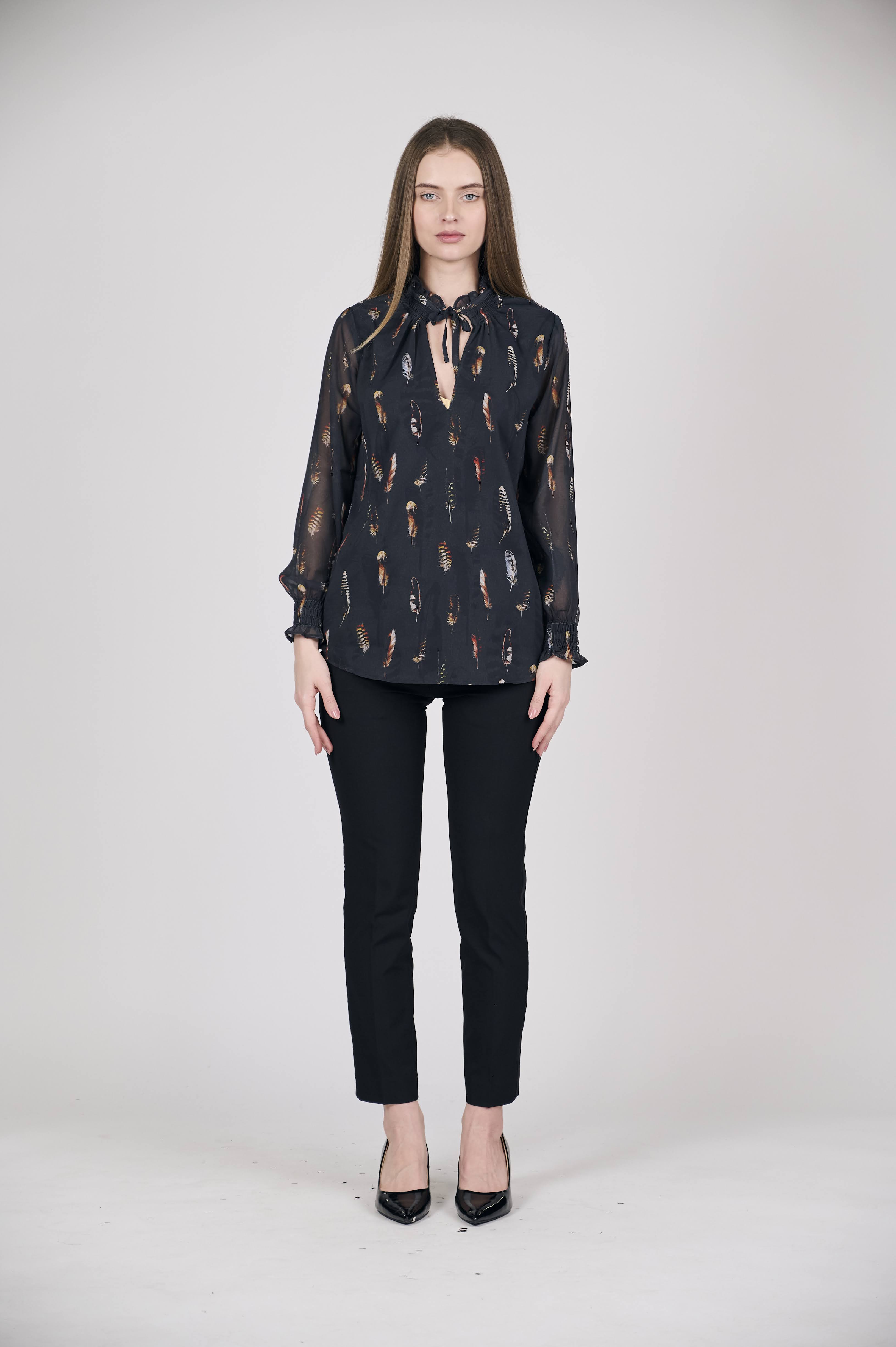 Feather Print Tie-Neck Blouse