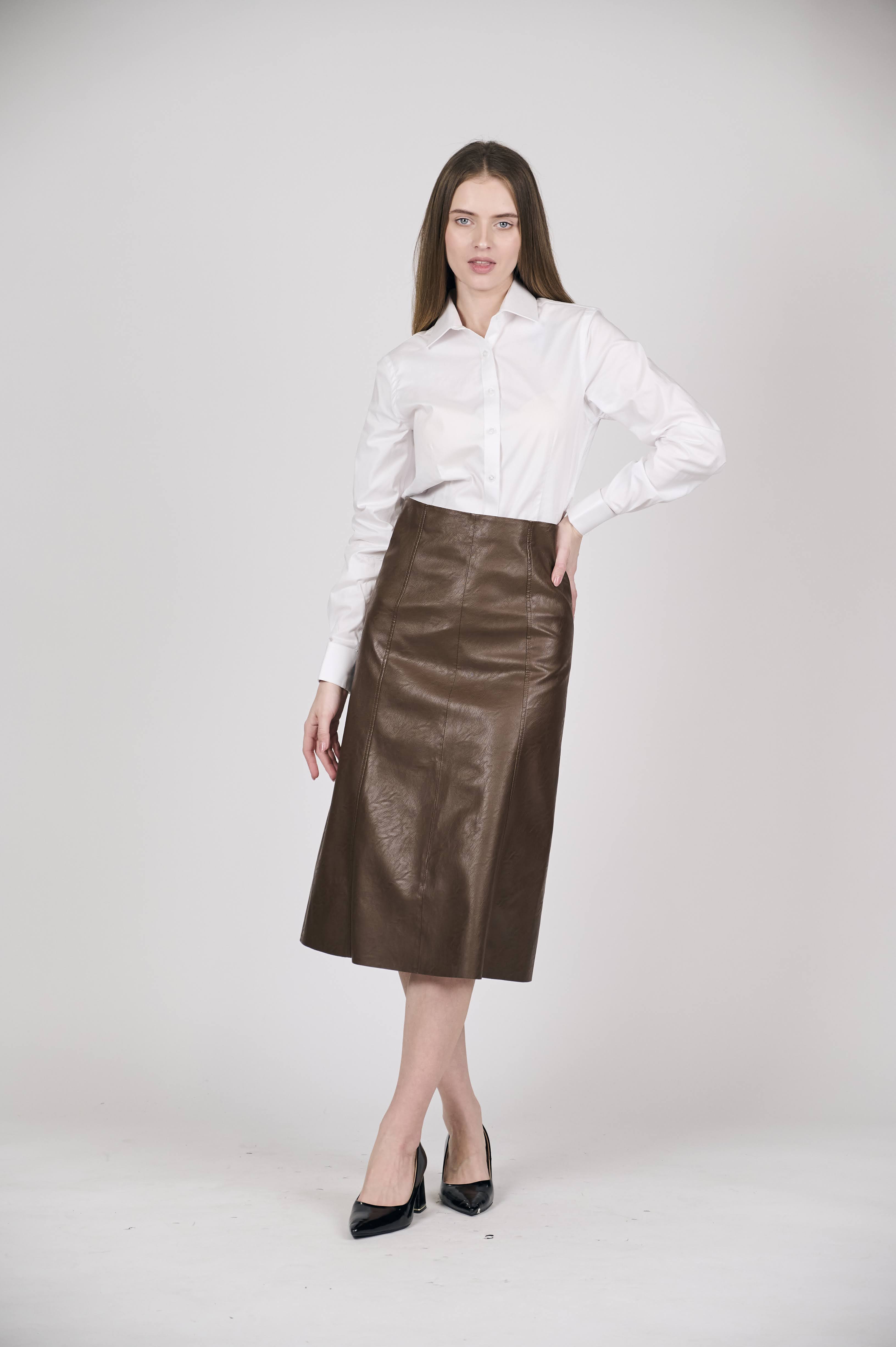 Chocolate Brown Faux Leather Midi Skirt