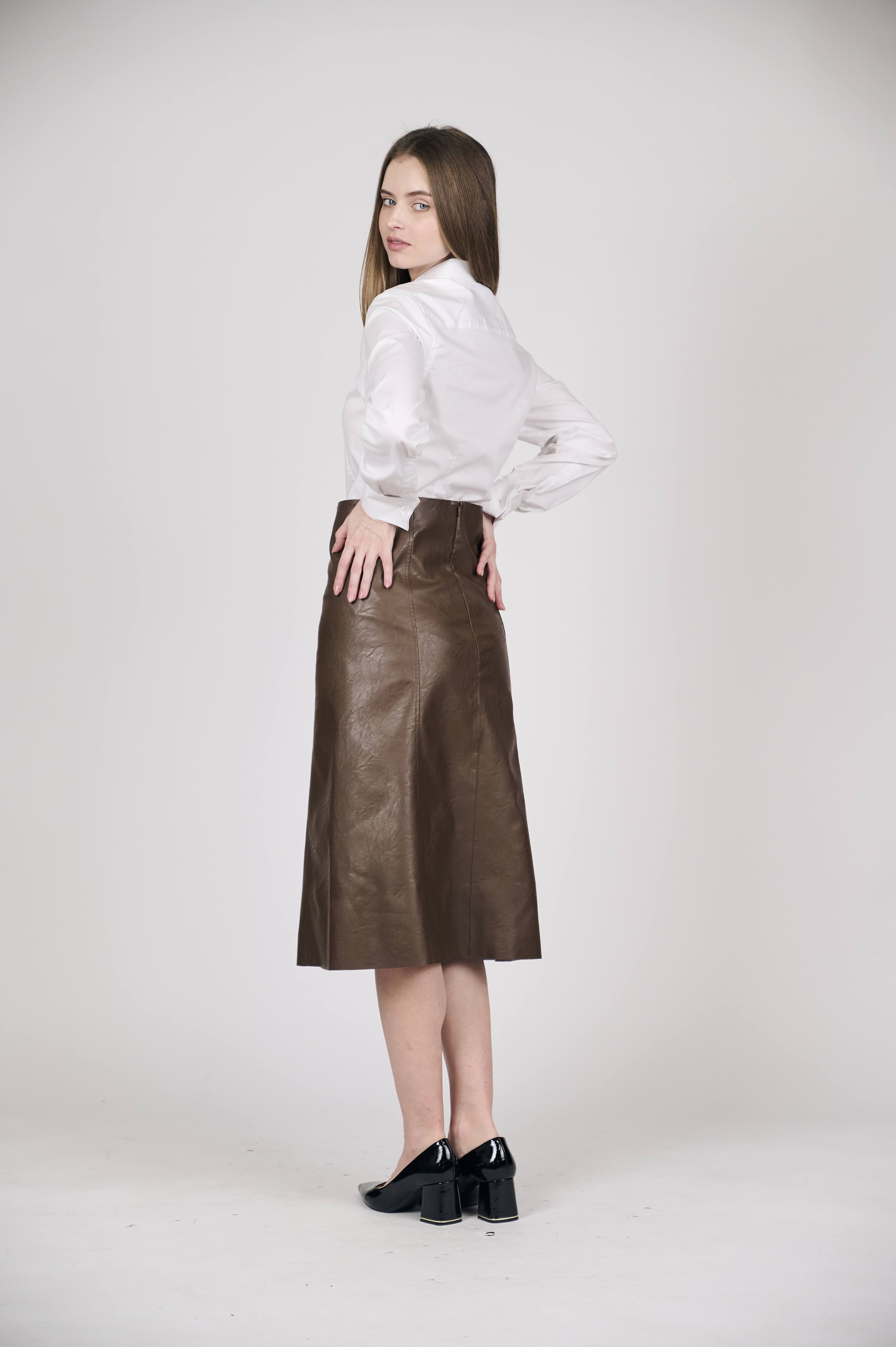 Chocolate Brown Faux Leather Midi Skirt
