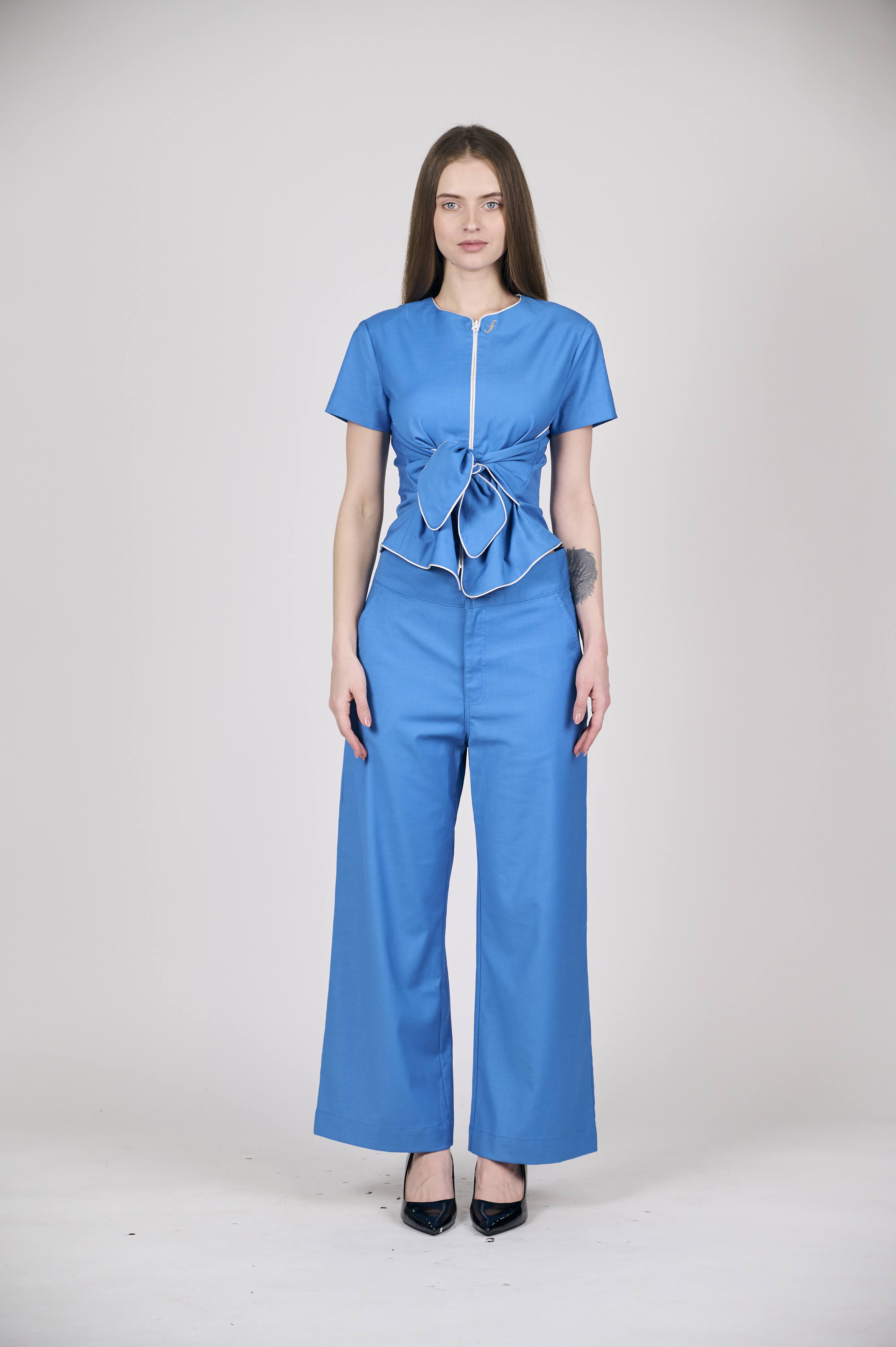 Elegant Blue Peplum  Bow Top with White Piping