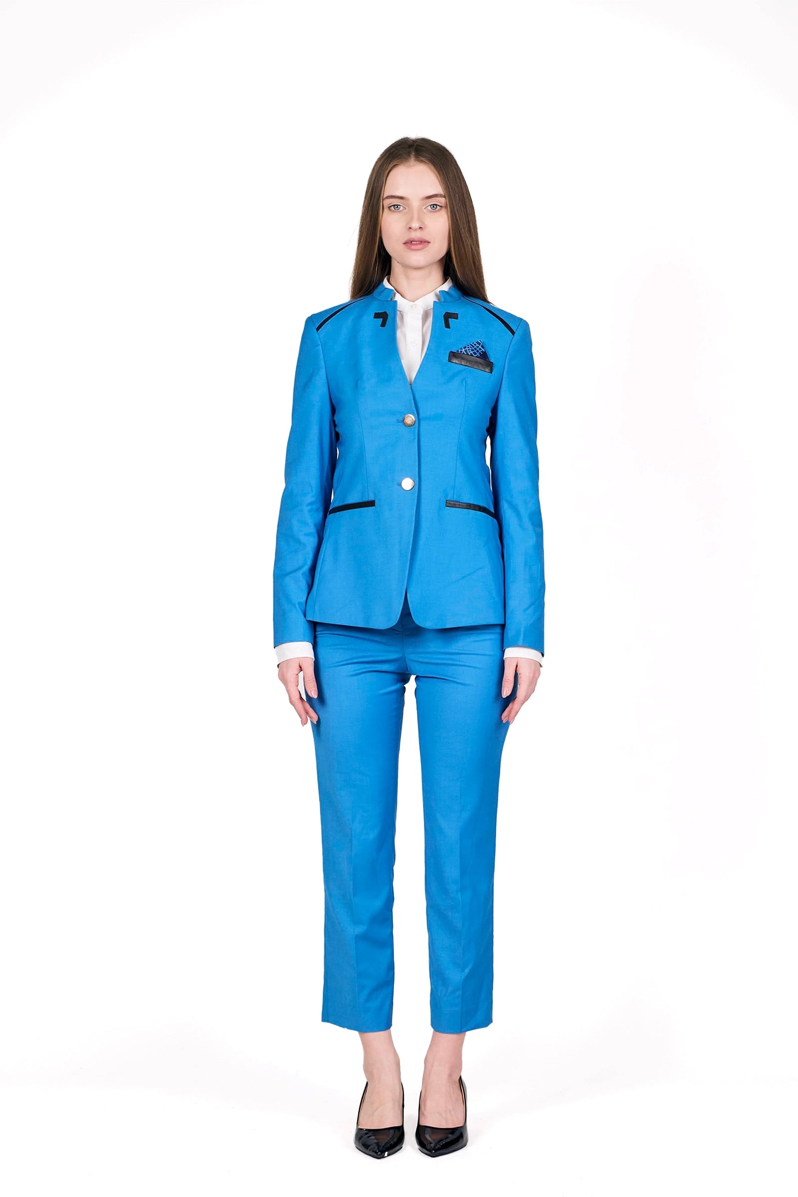 Women's Sky Blue Contrast-Trim Tailored Blazer
