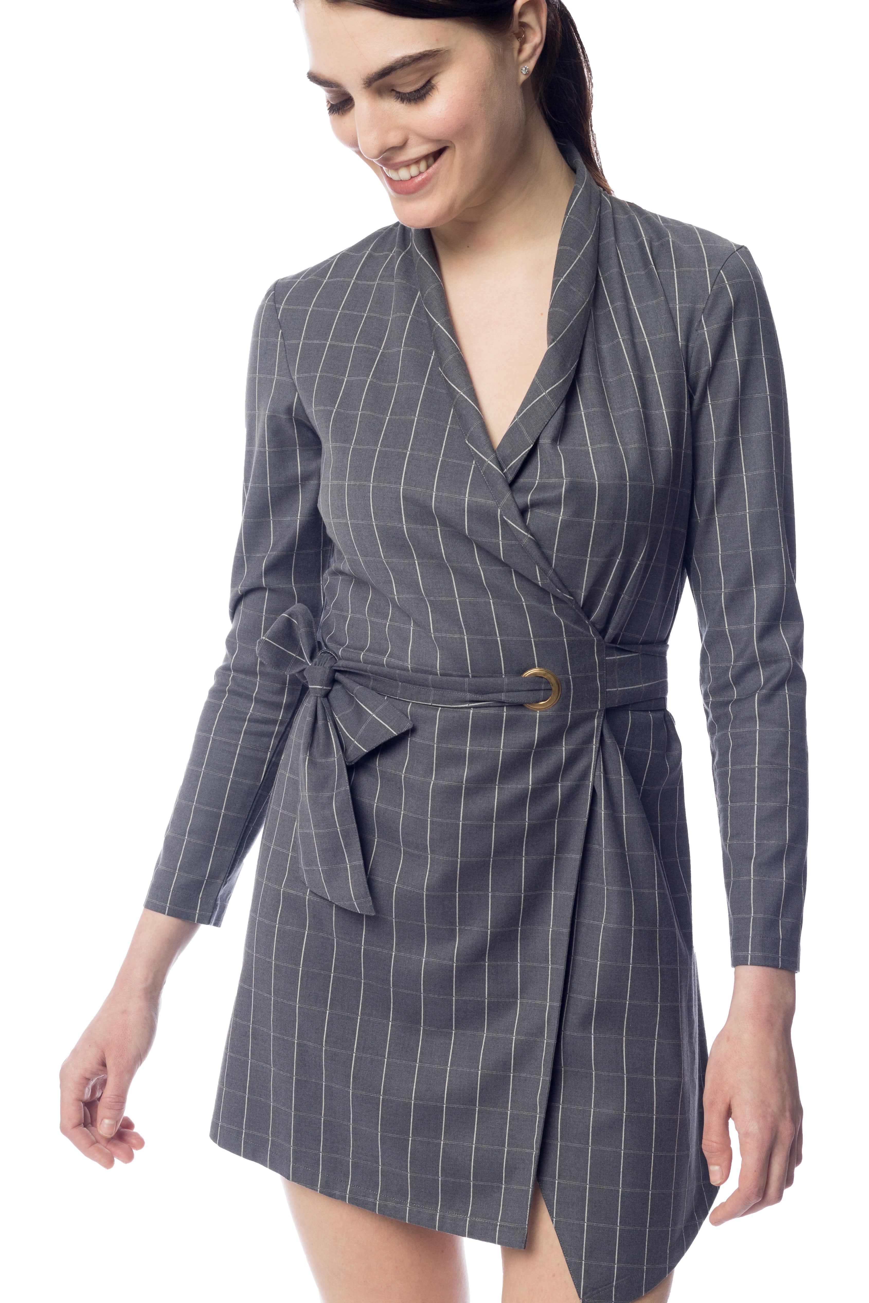 Grey Plaid Wrap Dress with Belted Waist