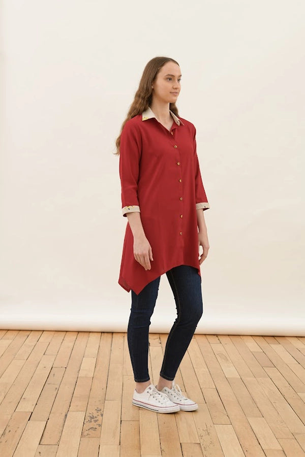 Elegant Red Tunic Shirt with Stylish Collar
