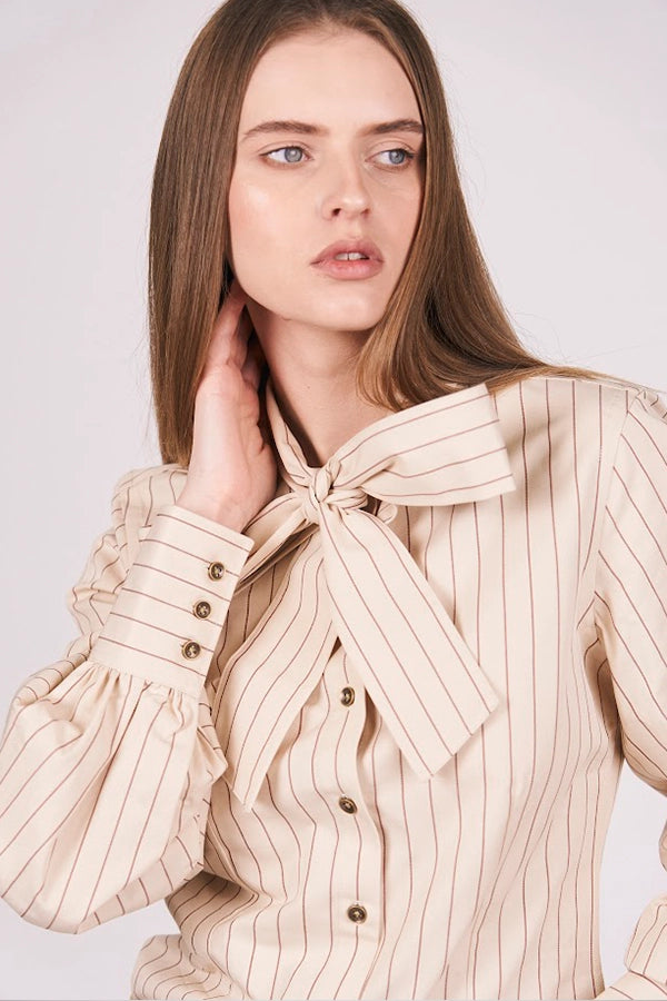 Women's Striped Beige Bow-Tie Shirt