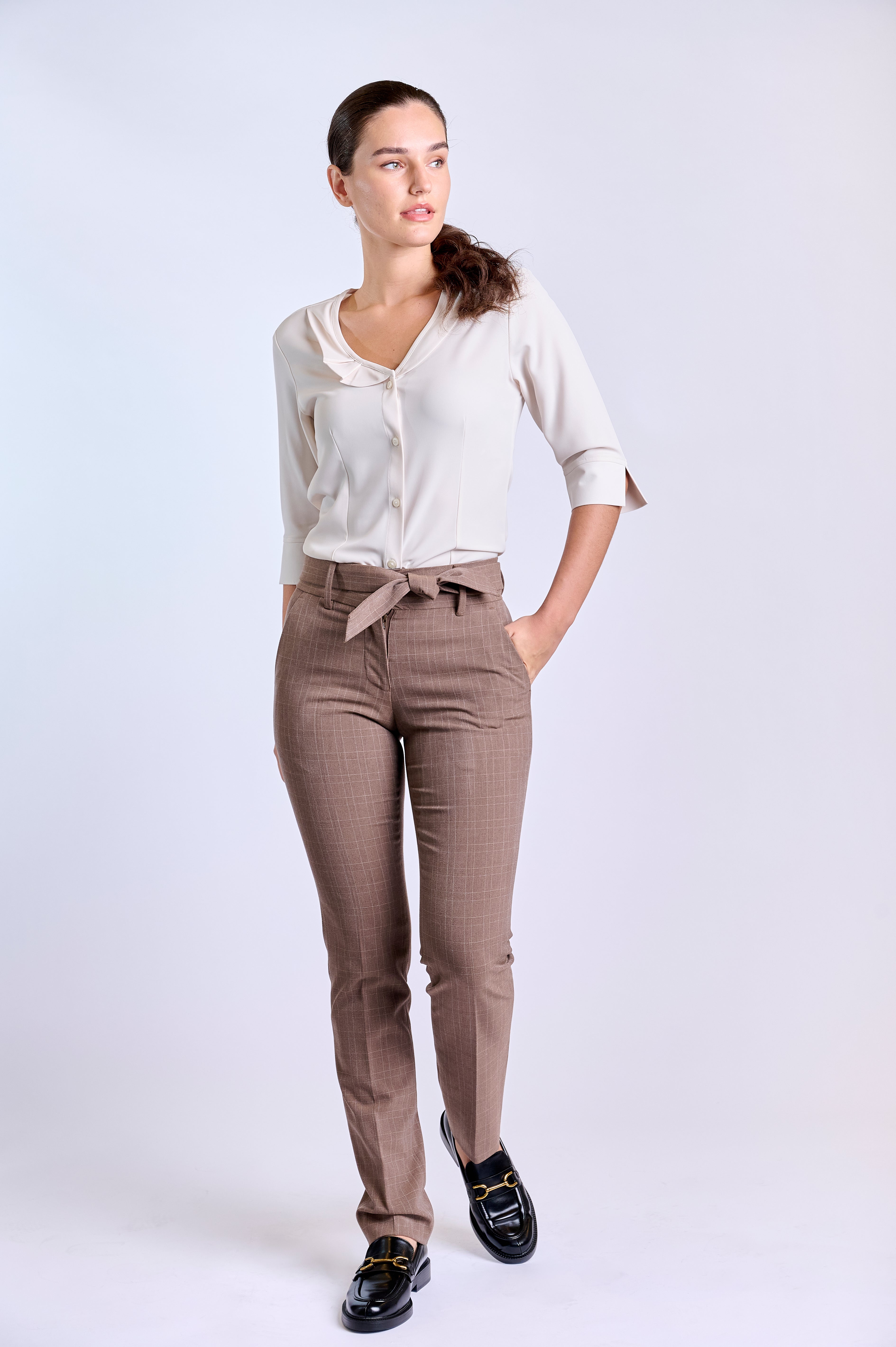 Elegant Ivory Button-Down Blouse with 3/4 Sleeves