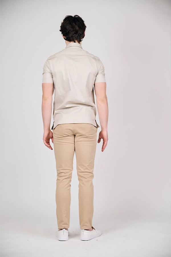 Casual Beige Short-Sleeve Shirt with Pocket Details