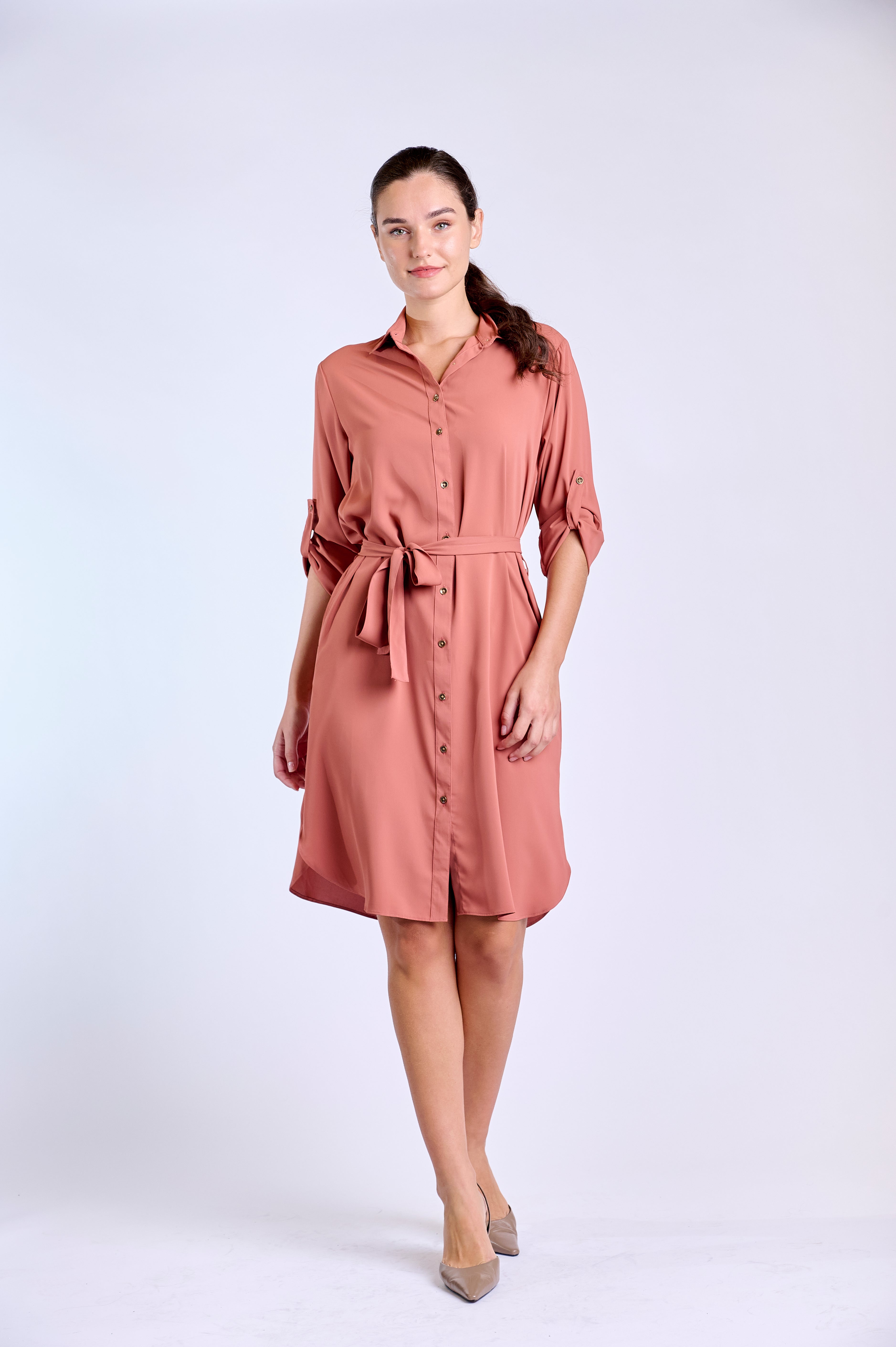 Dusty Rose Belted Shirt Dress