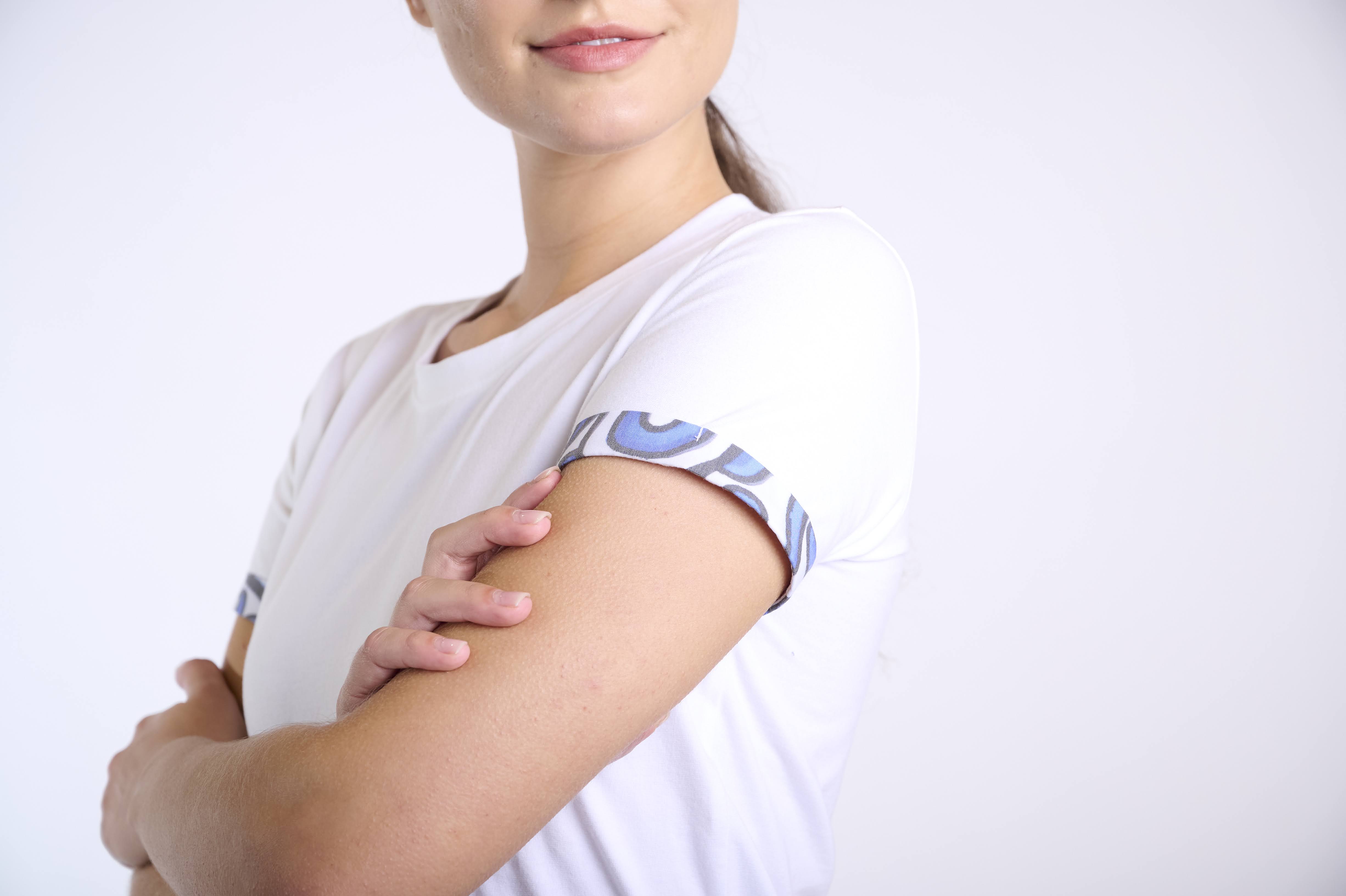 White crew neck T-shirt with sleeve detail
