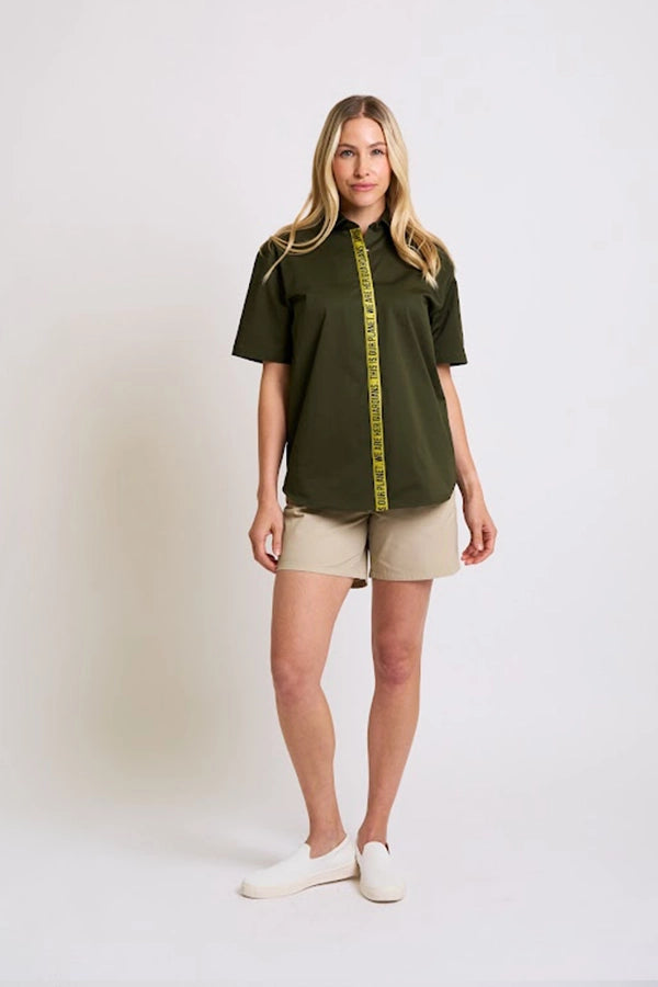 Olive Green Women's Oversized Shirt with Yellow Tape Detail