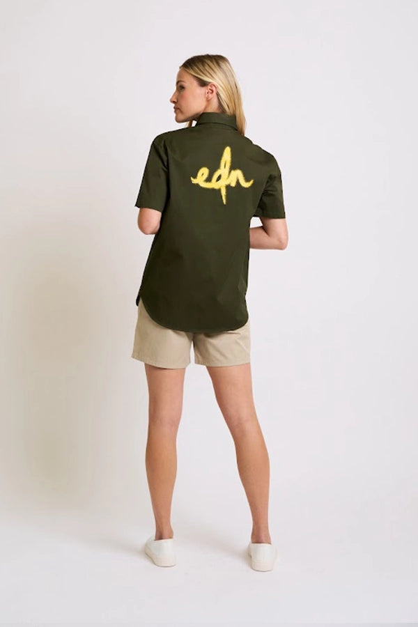 Olive Green Women's Oversized Shirt with Yellow Tape Detail