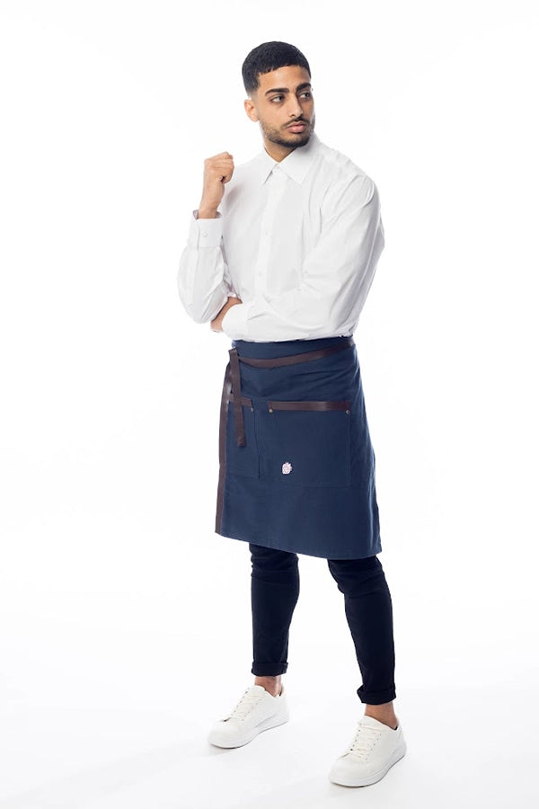 Navy Canvas Waist Apron with Leather Accents