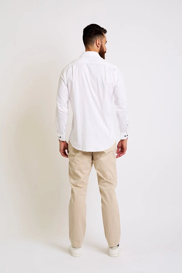 Classic White Button-Up Shirt with Beige Chinos
