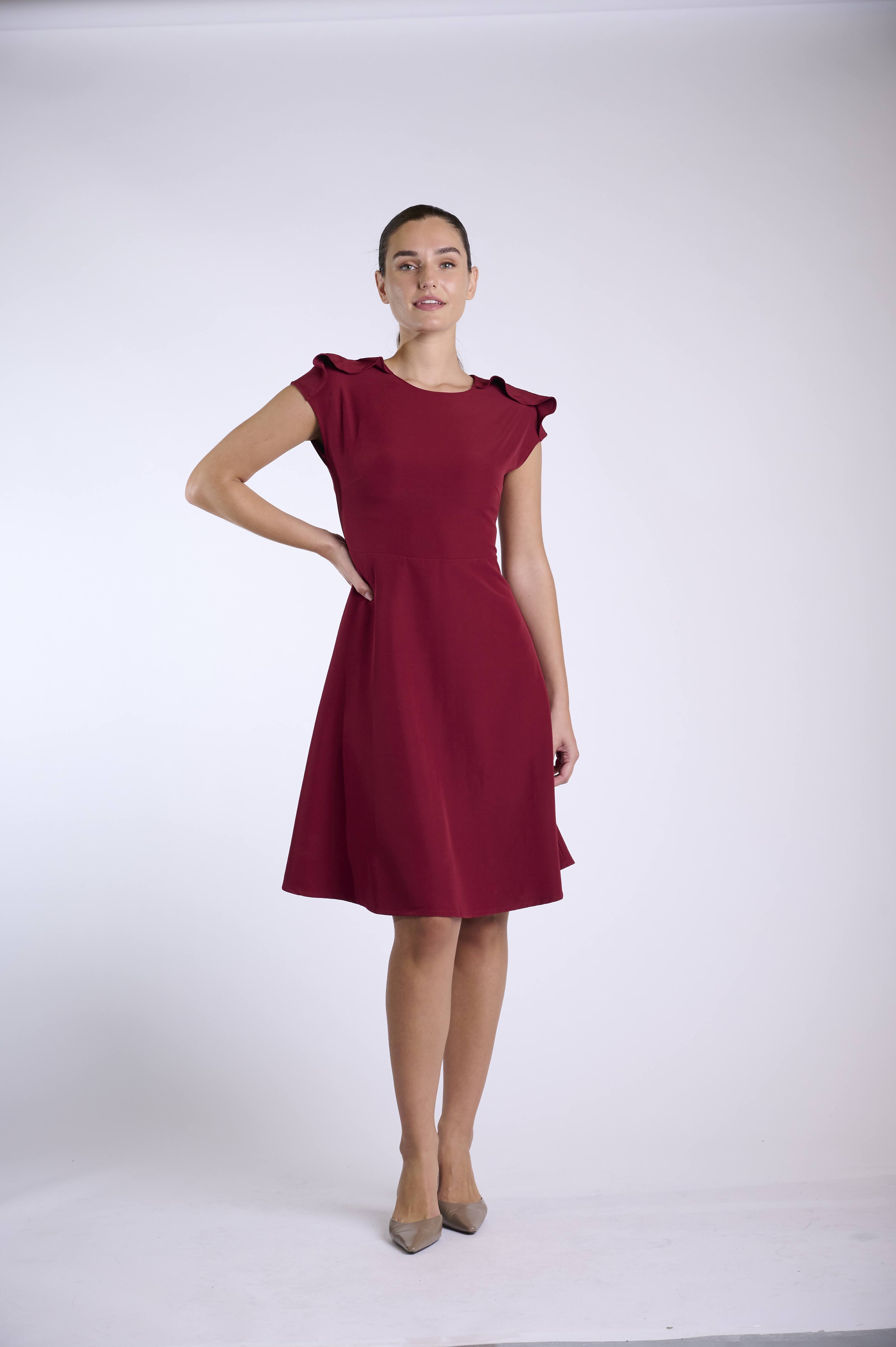 Classic Red A-Line Dress with Ruffled Sleeves