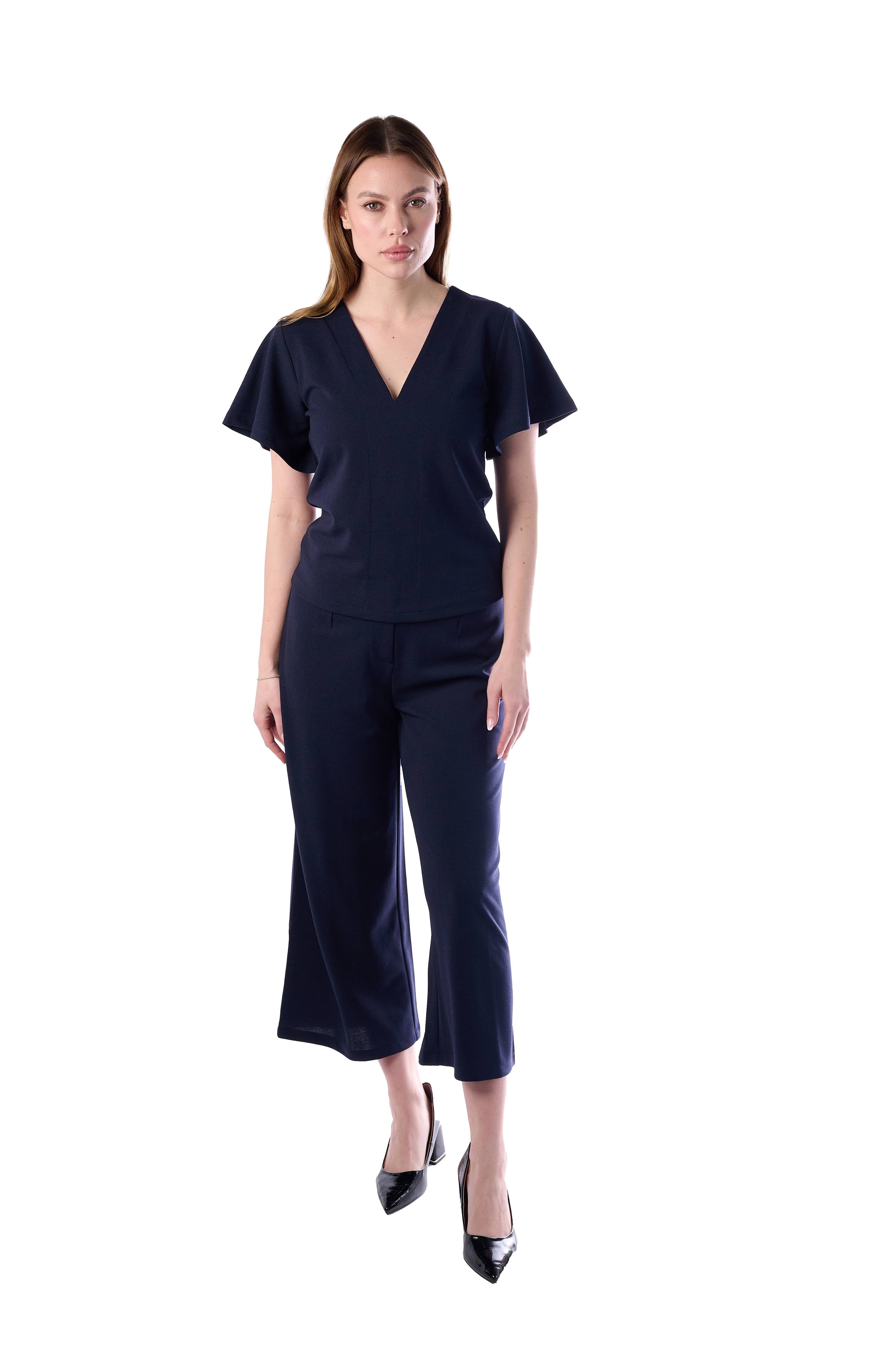 Elegant Navy Blue V-Neck Top with Flutter Sleeves