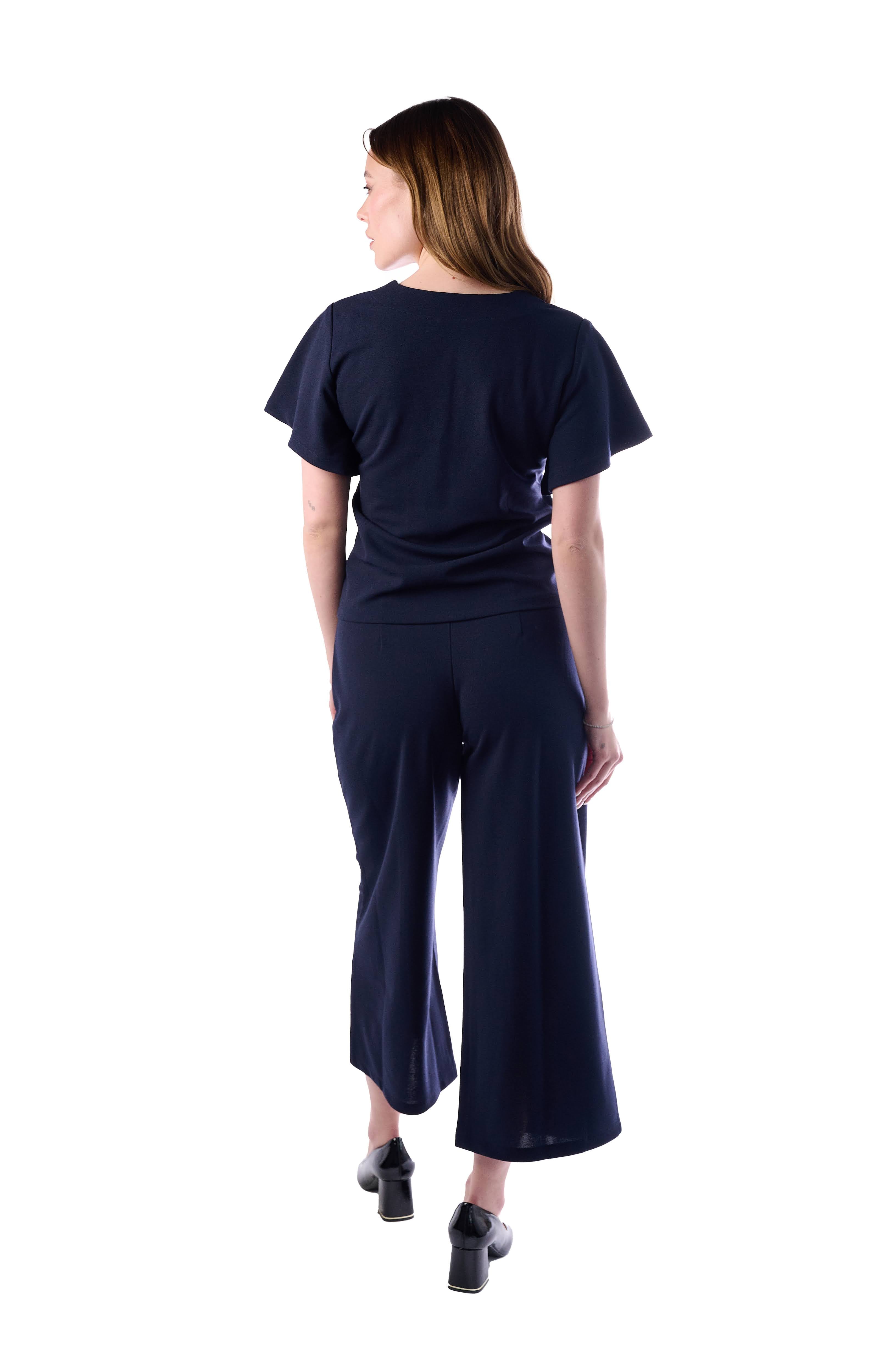 Elegant Navy Blue V-Neck Top with Flutter Sleeves