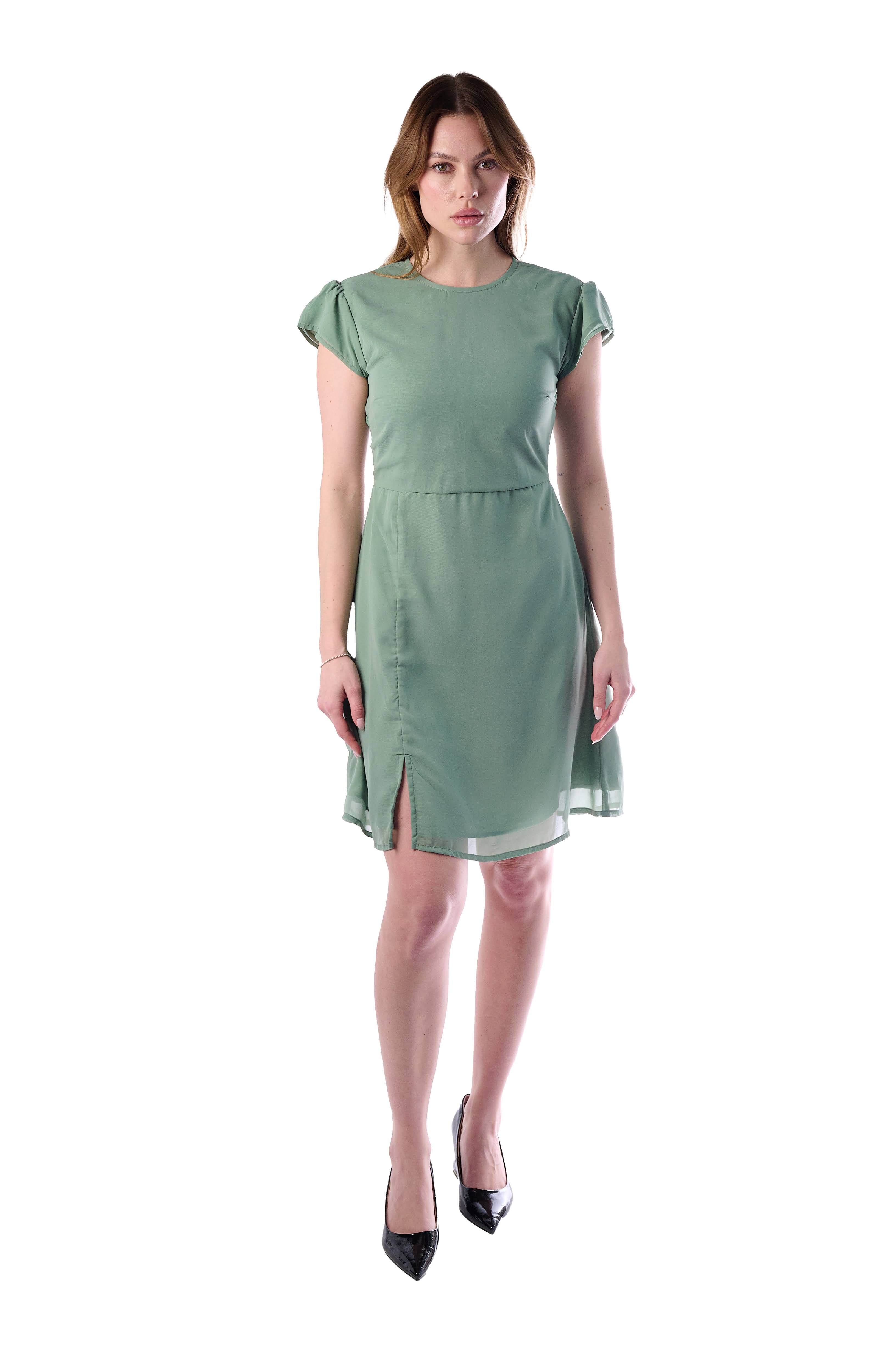 Elegant Sage Green Flutter- Sleeve Midi Dress