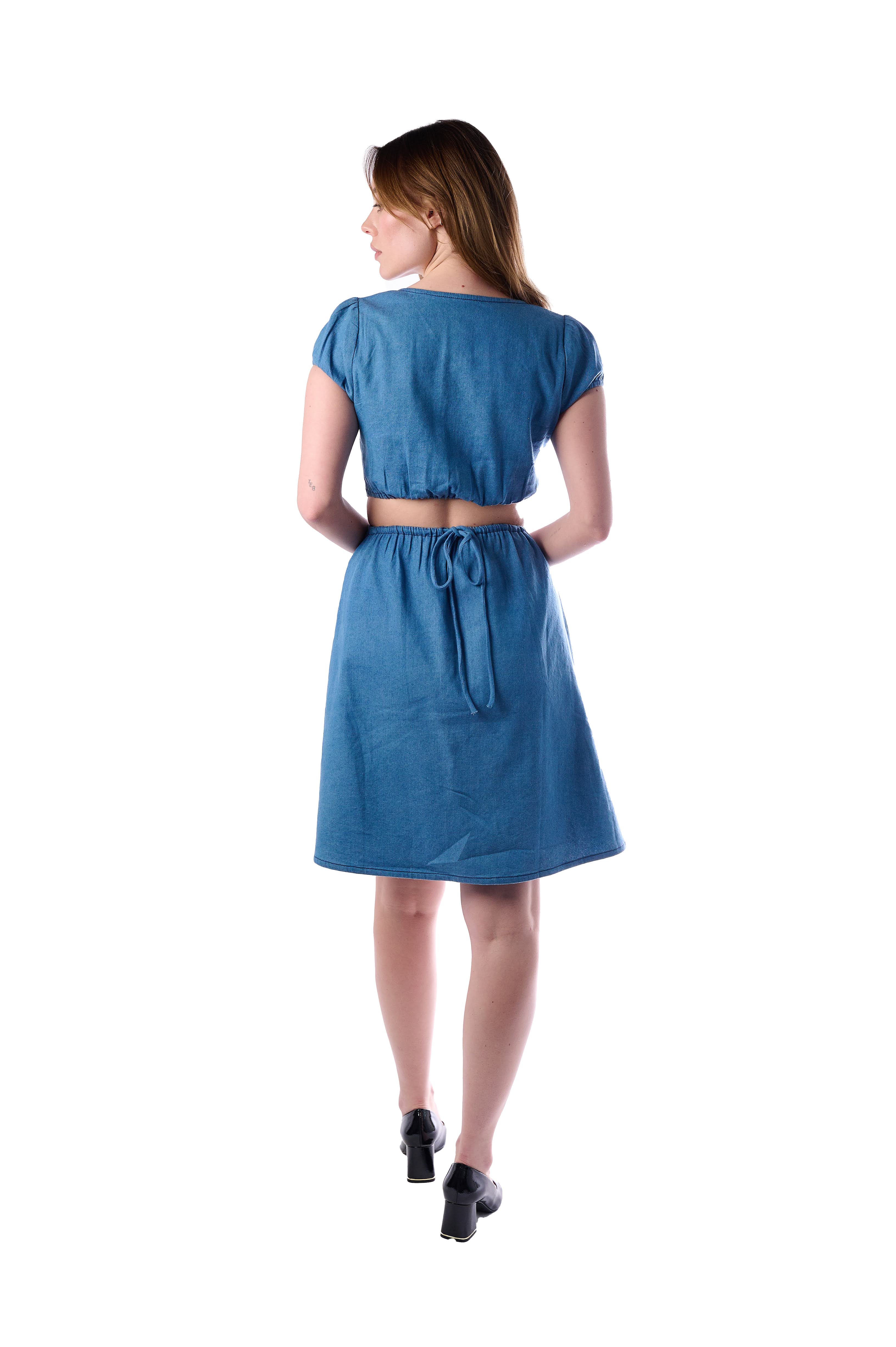 Denim Cutout Midi Dress with Knot Detail