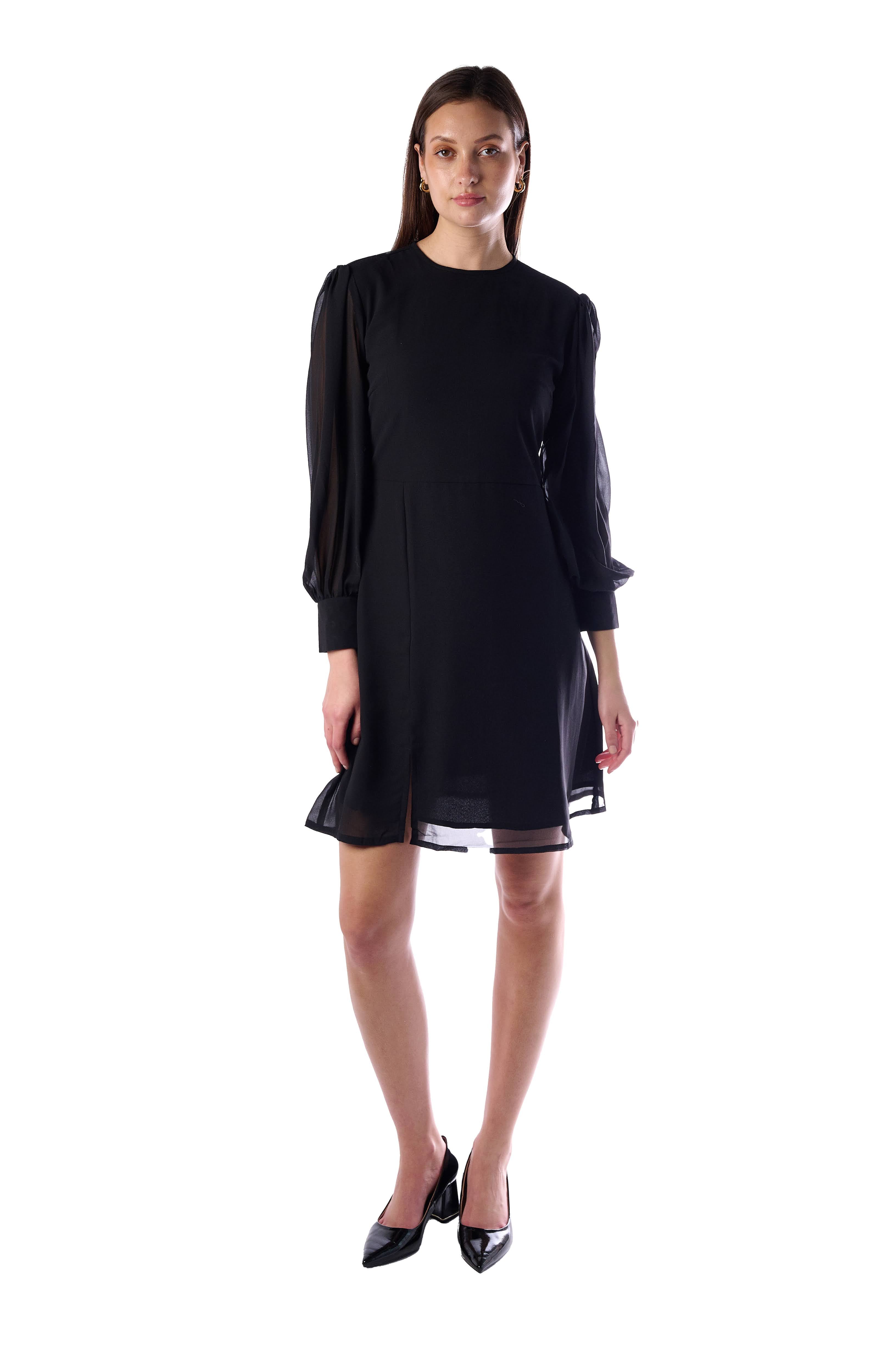 Black A-Line Dress with Sheer Puff Sleeves