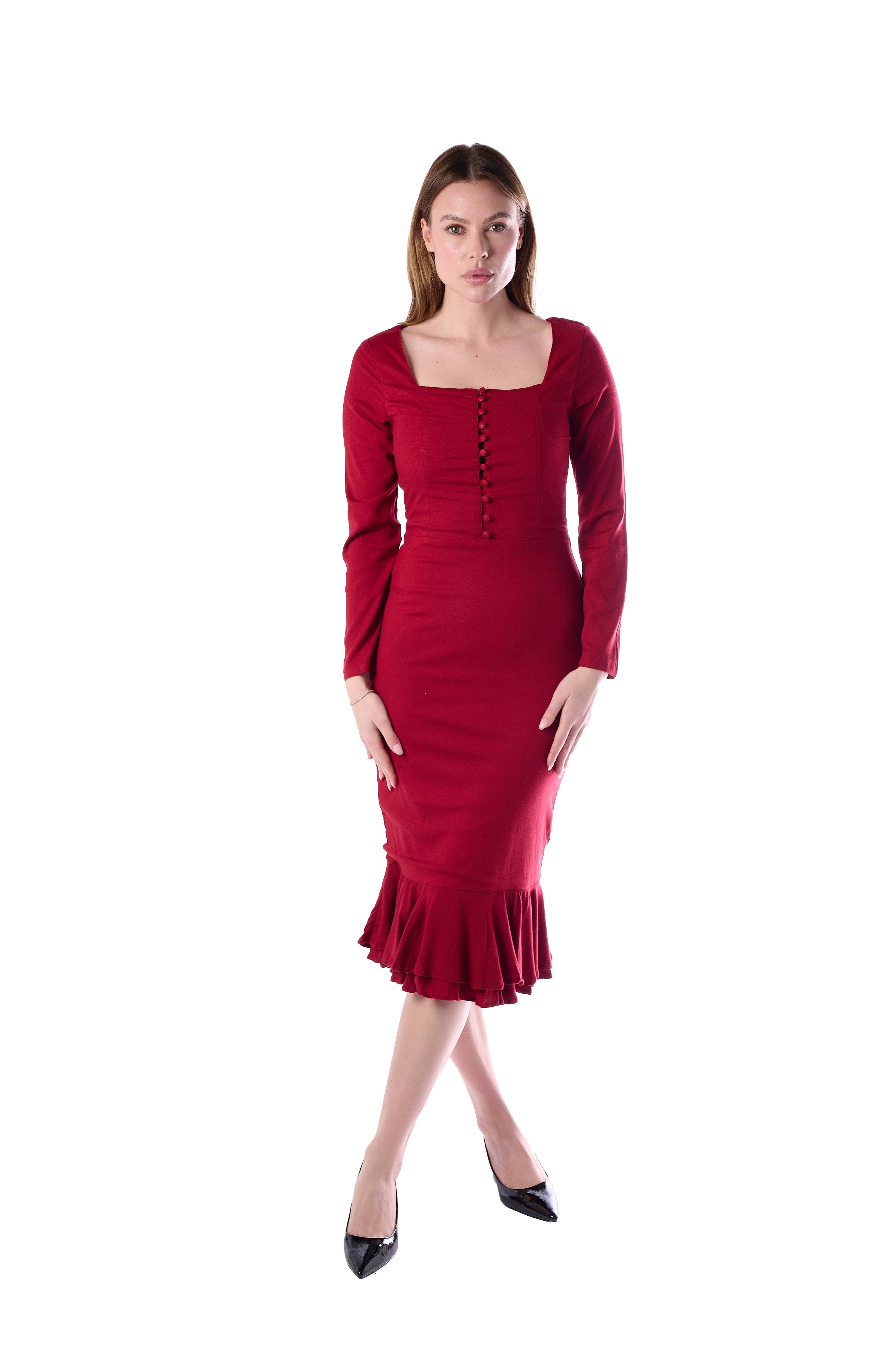 Elegant Red Button-Front Midi Dress