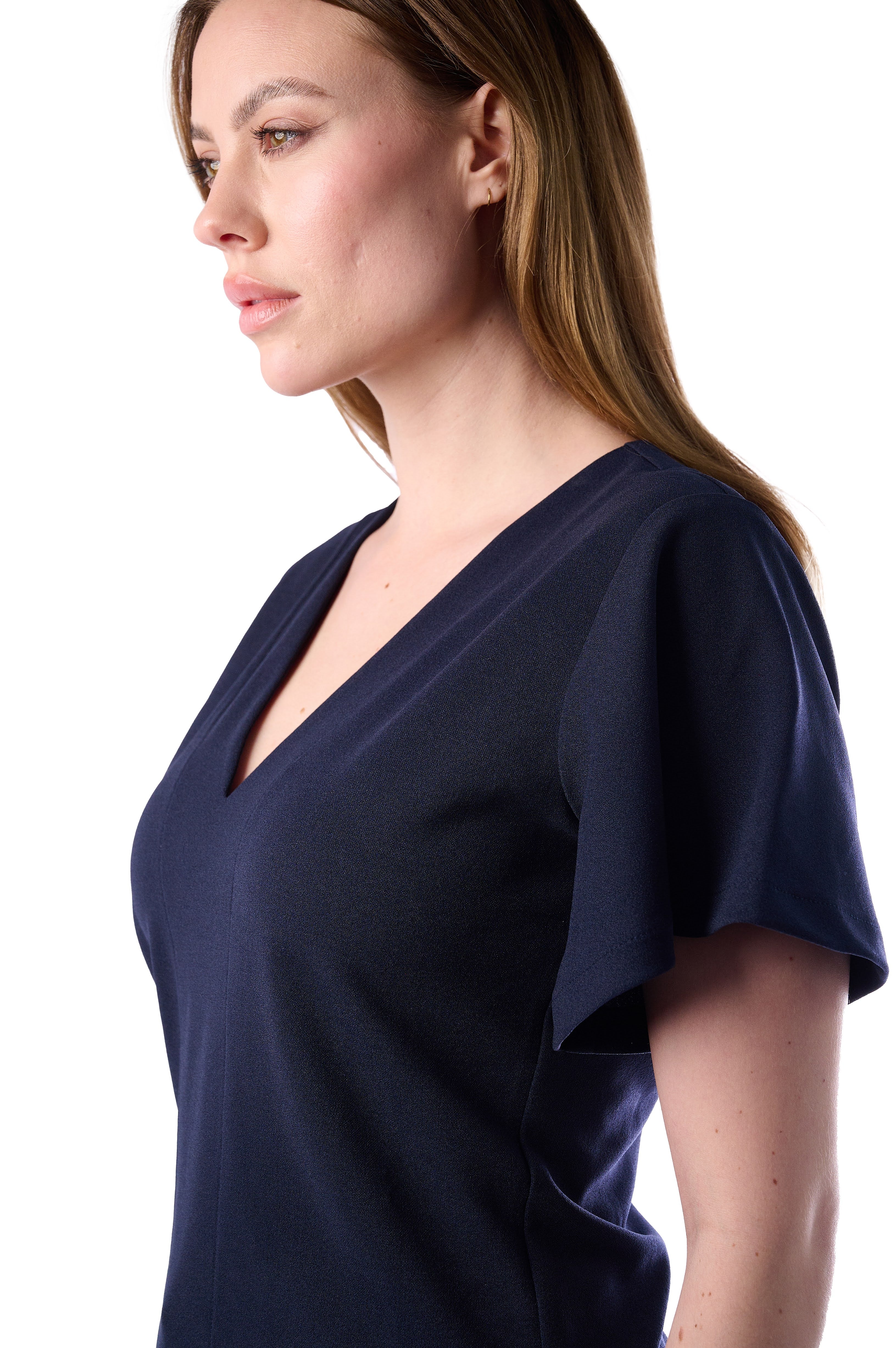Elegant Navy Blue V-Neck Top with Flutter Sleeves