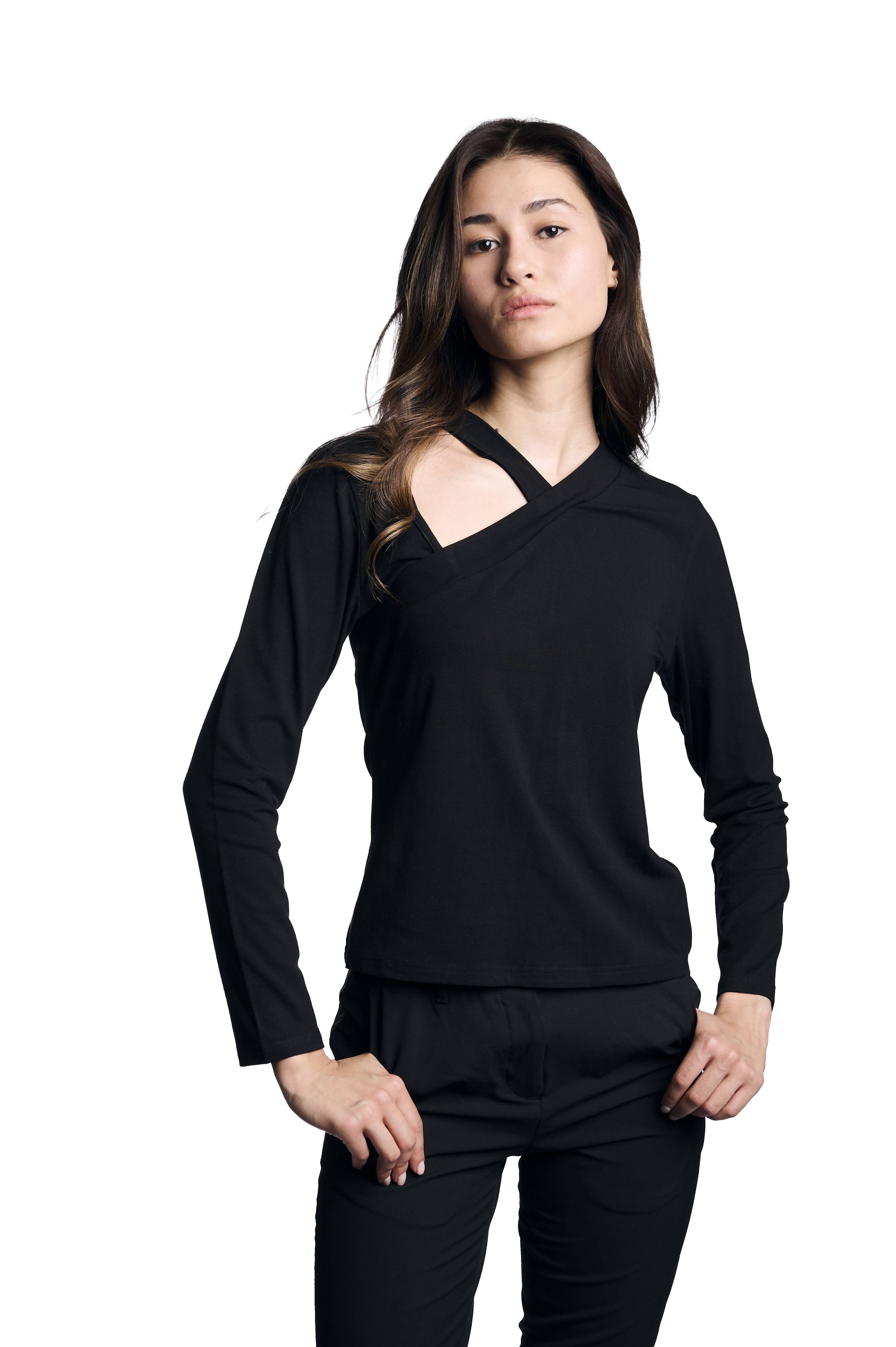 Chic Black Long-Sleeve Top with Asymmetrical Cutout