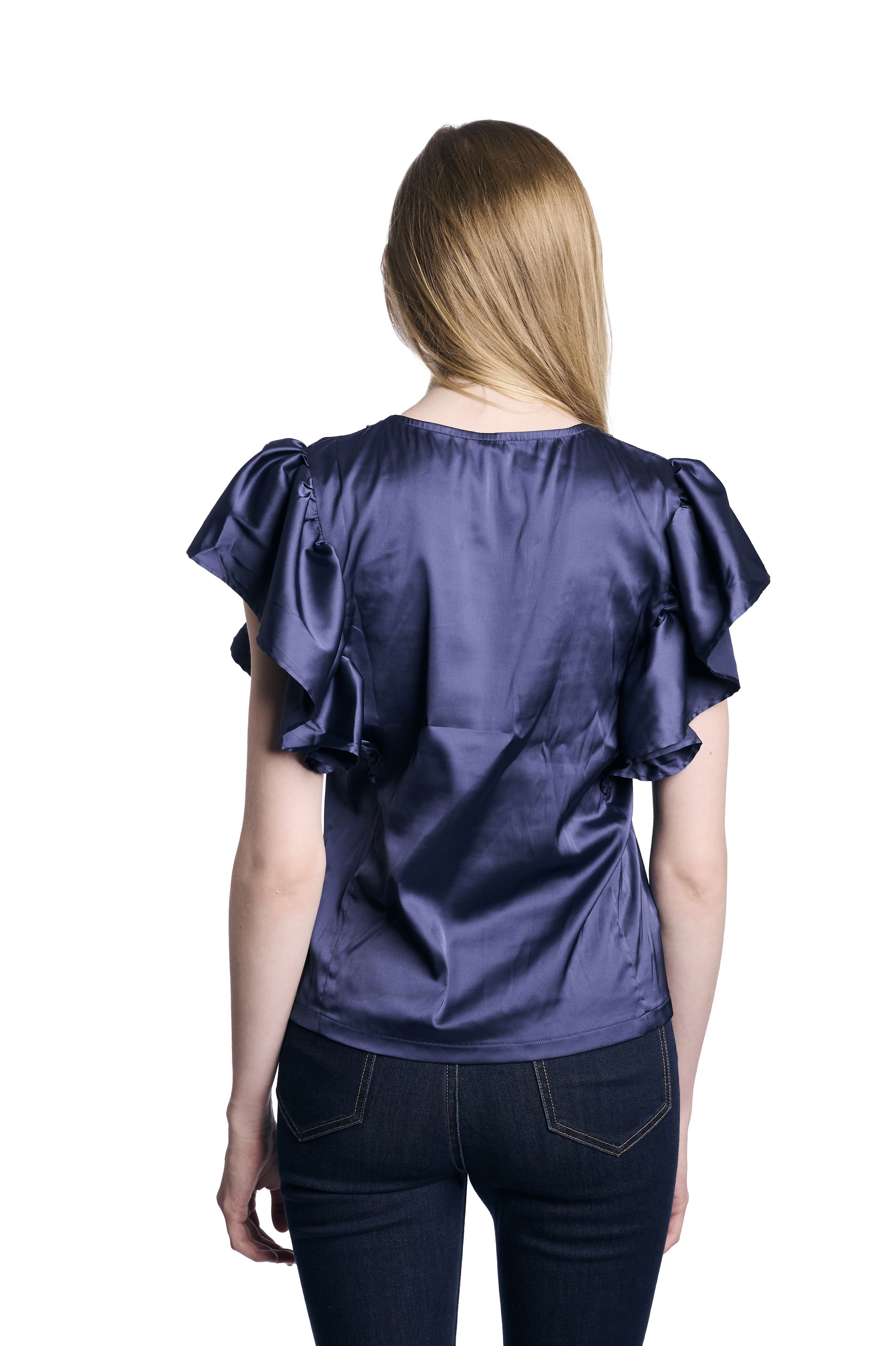 Elegant Navy Satin Blouse with Ruffled Sleeves
