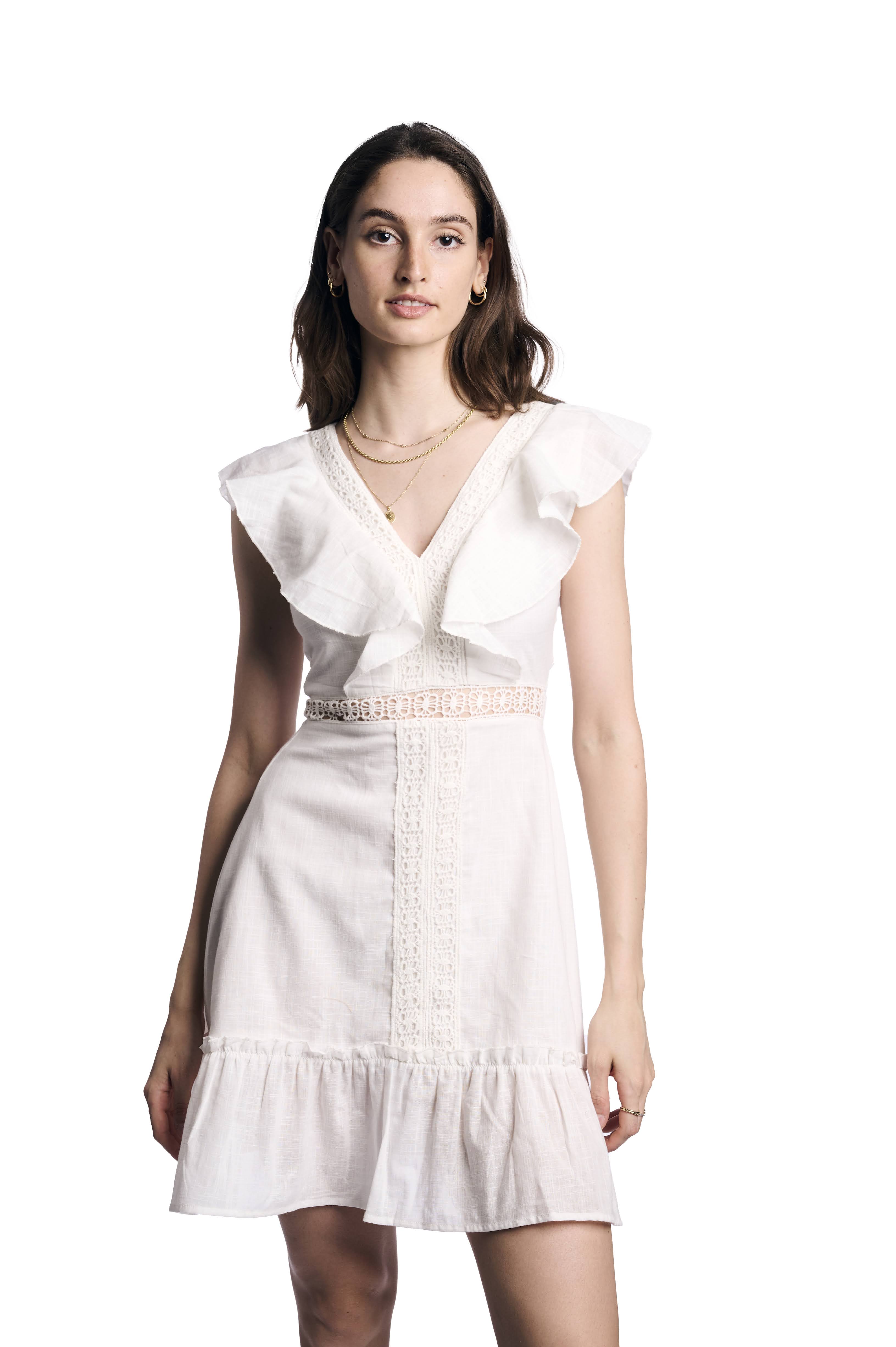 Elegant Ruffle-Trim White Dress
