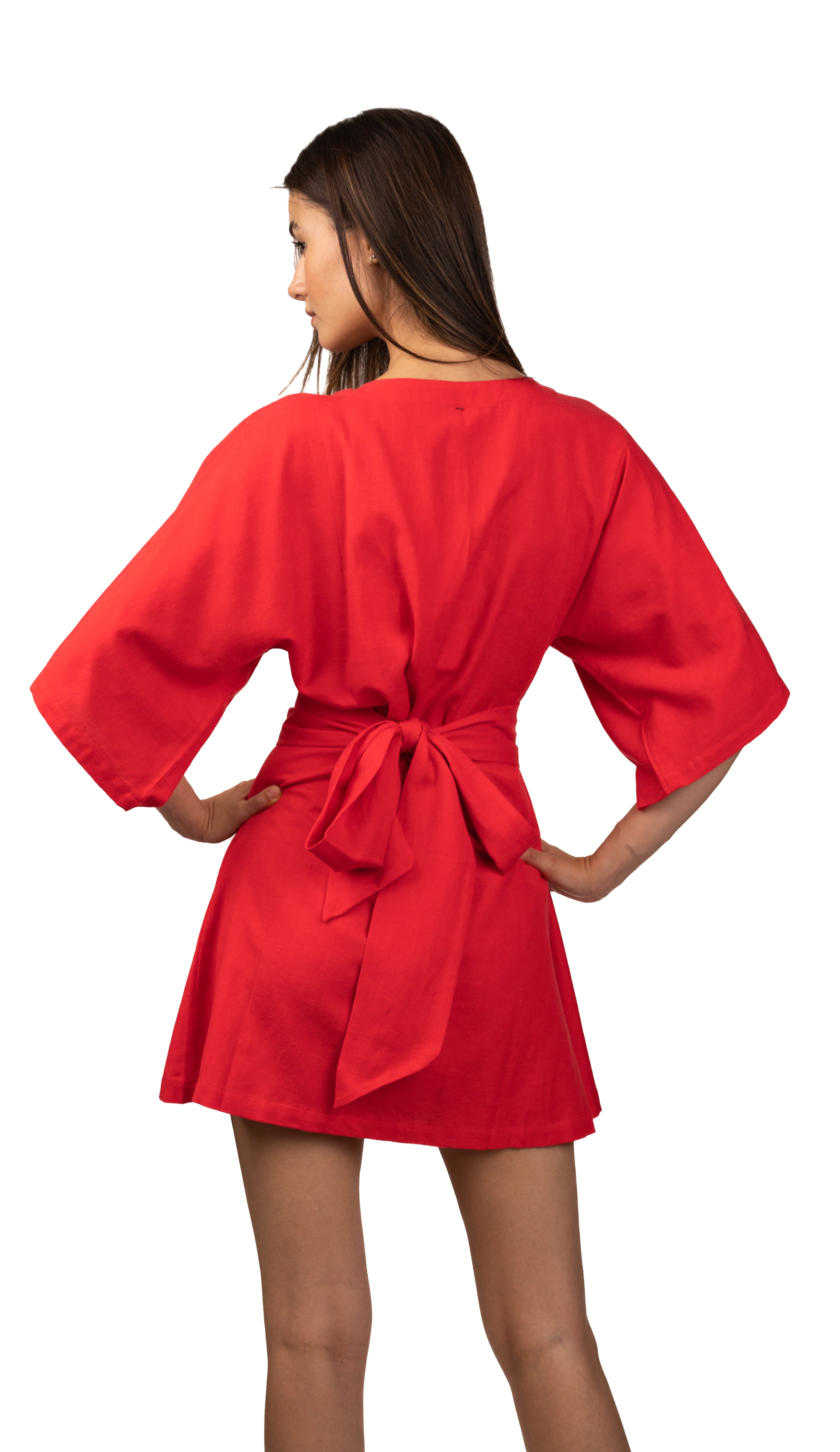 Elegant Red Wrap Dress with Flared Sleeves