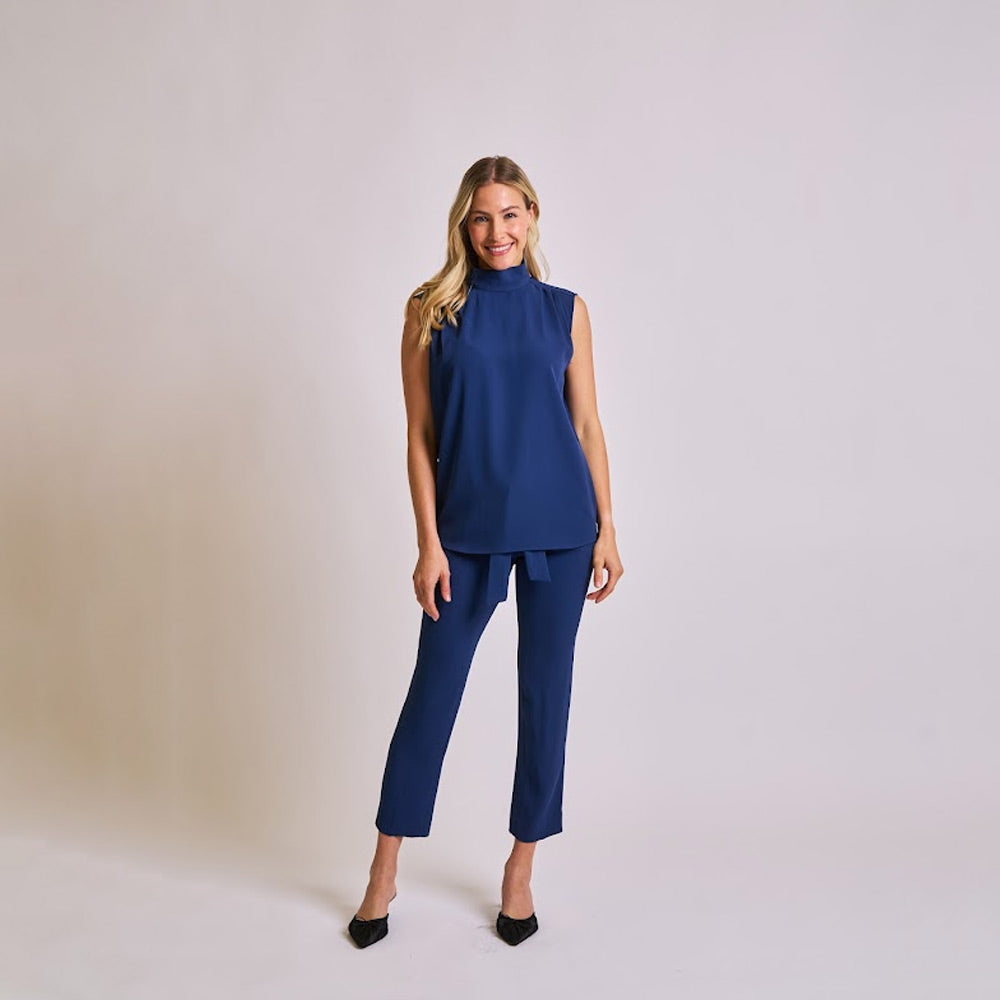 Sleeveless High-Neck Navy Blouse