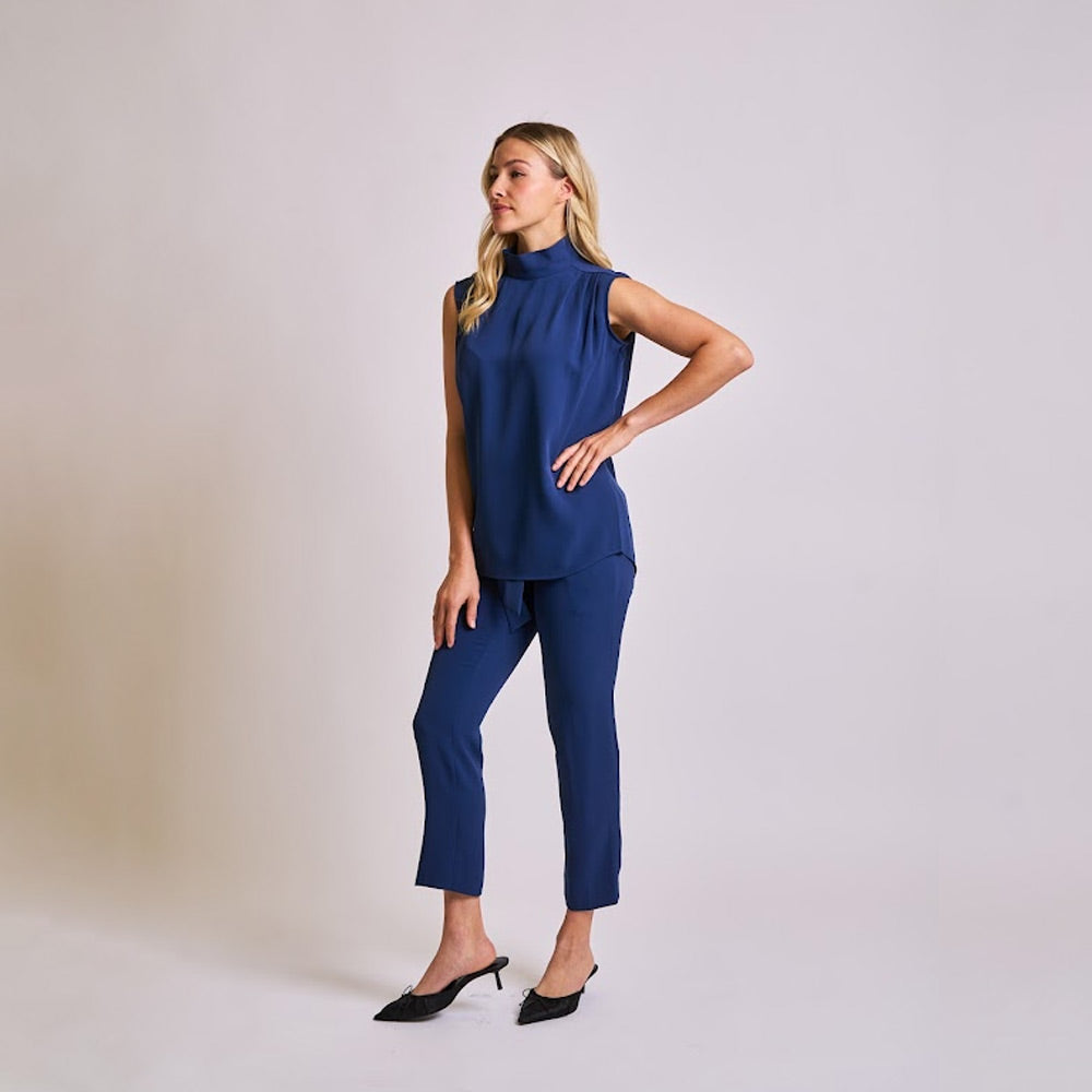 Sleeveless High-Neck Navy Blouse