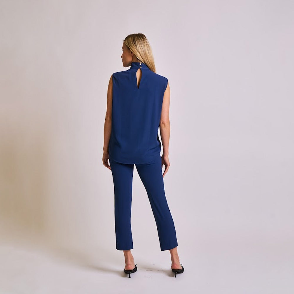 Sleeveless High-Neck Navy Blouse