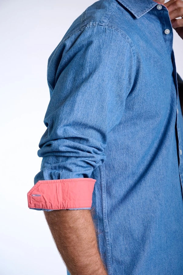 Men's Casual Blue Denim Button-Up Shirt