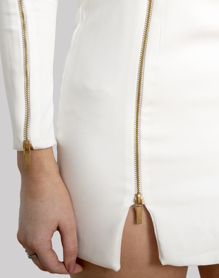 White Long-Sleeve Mini Dress  with Gold Zipper Details