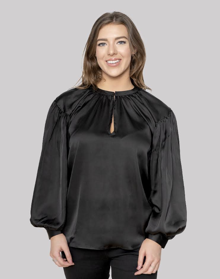 Women's Elegant Black Satin Blouse with Keyhole Detail