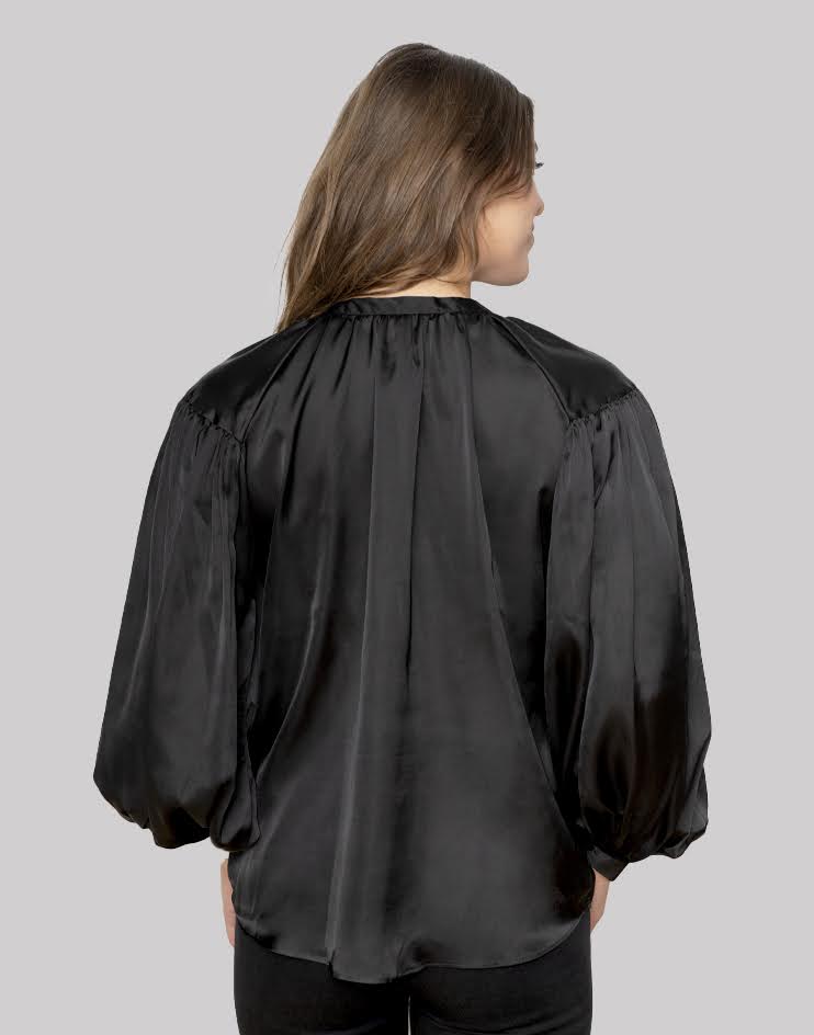 Women's Elegant Black Satin Blouse with Keyhole Detail