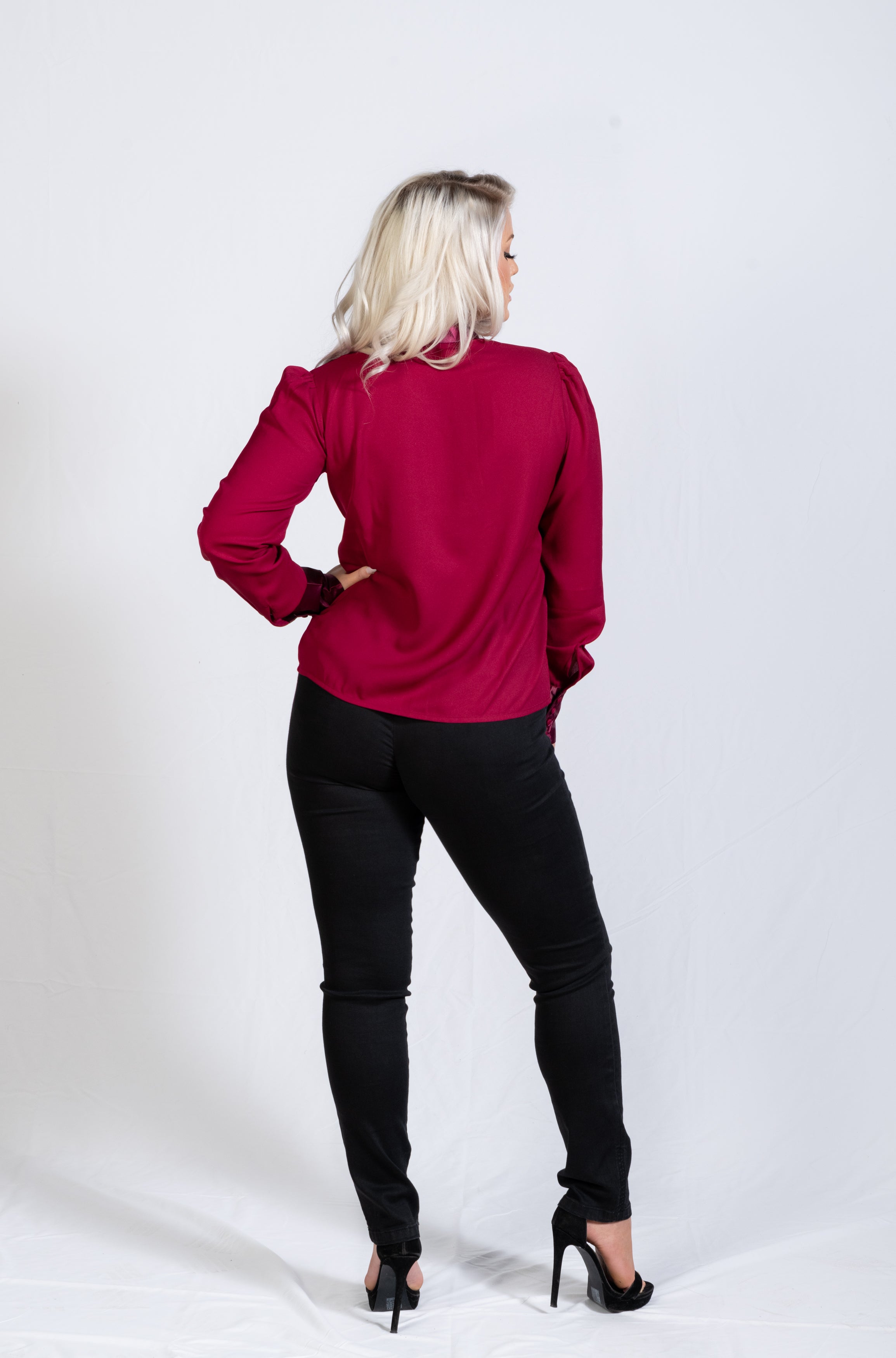 Women's Vibrant Burgundy Satin Bow Blouse