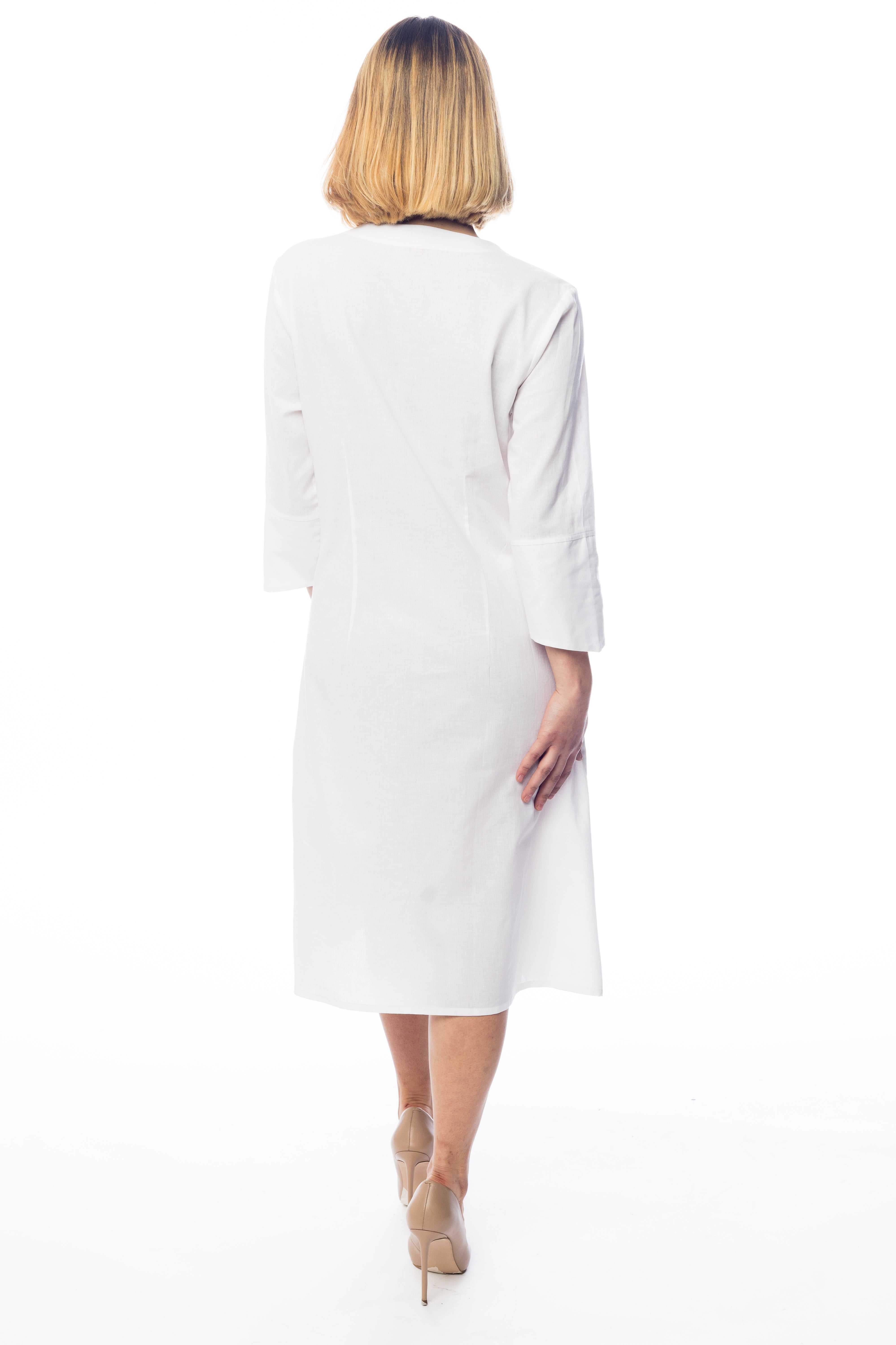 Minimalist White A-Line Midi Dress with V-Neck