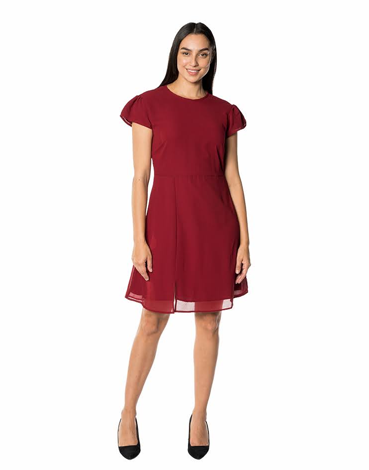 Burgundy Flutter-Sleeve  A-Line Dress