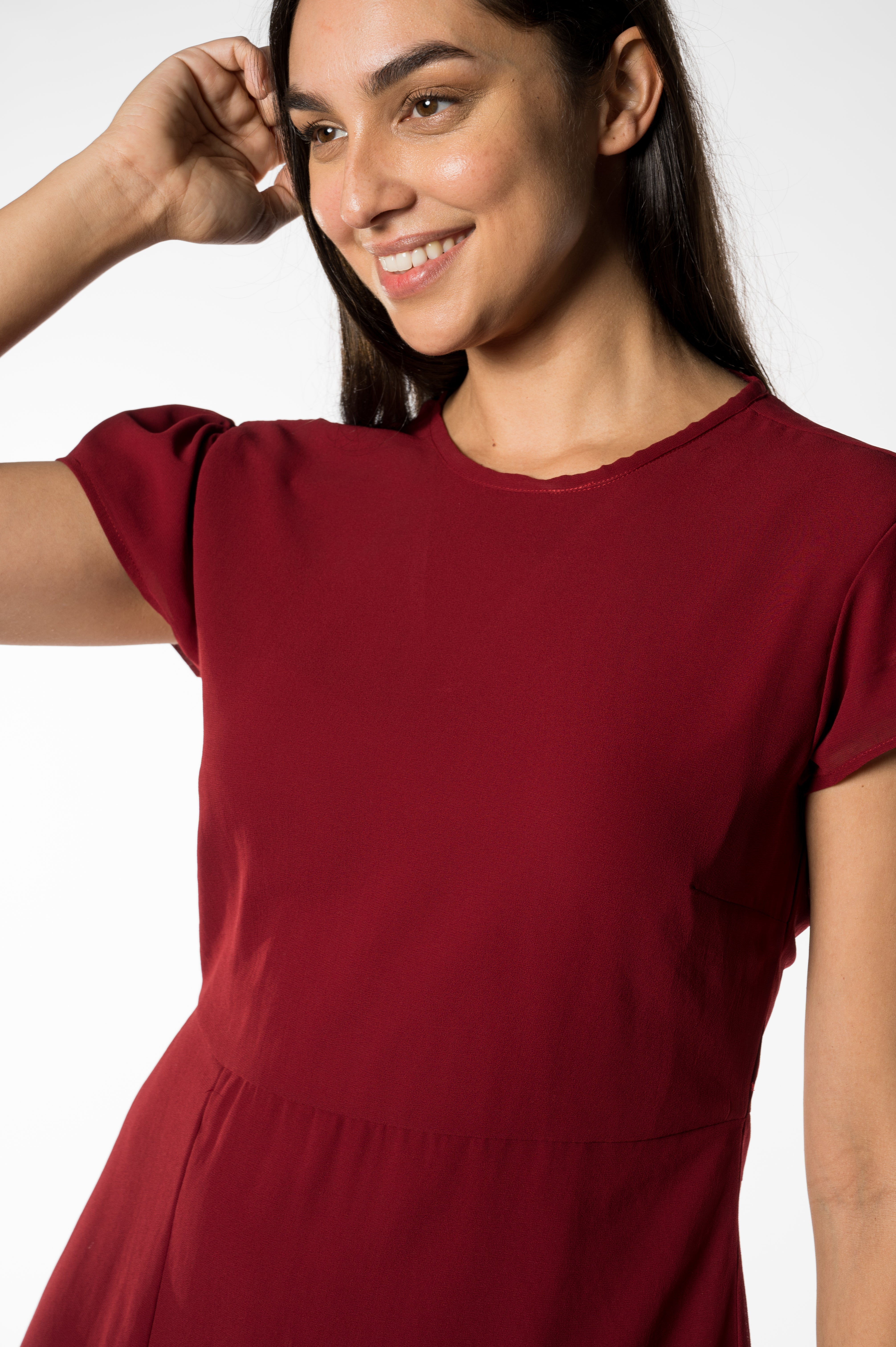 Burgundy Flutter-Sleeve  A-Line Dress