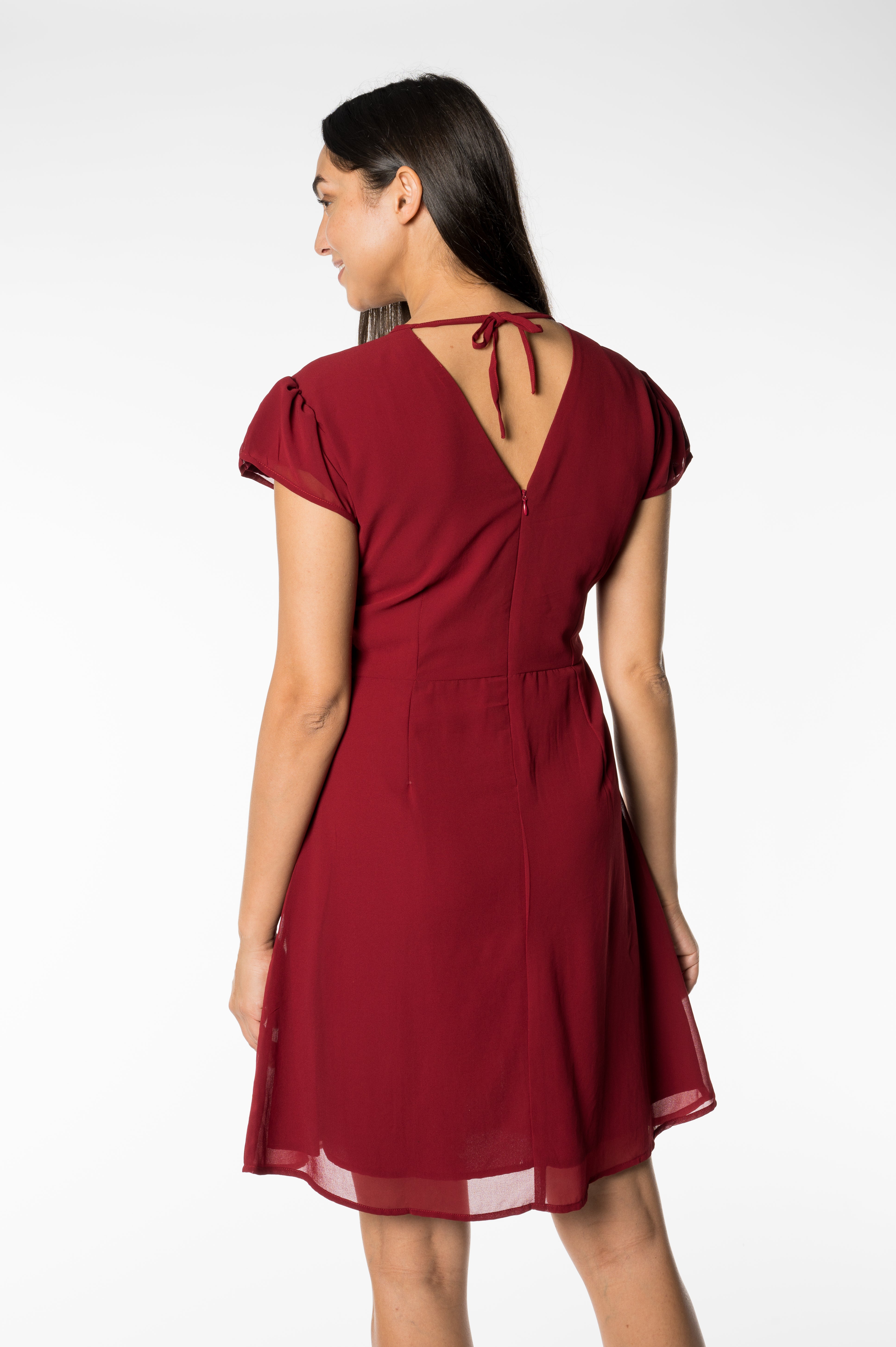 Burgundy Flutter-Sleeve A-Line Dress